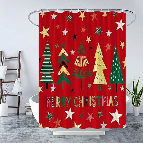 Miniatura 2 de GITCSSYM Cortina de ducha con diseño de árbol de Navidad, color rojo y verde, estrellas de vacaciones de invierno, feliz año nuevo, festival,