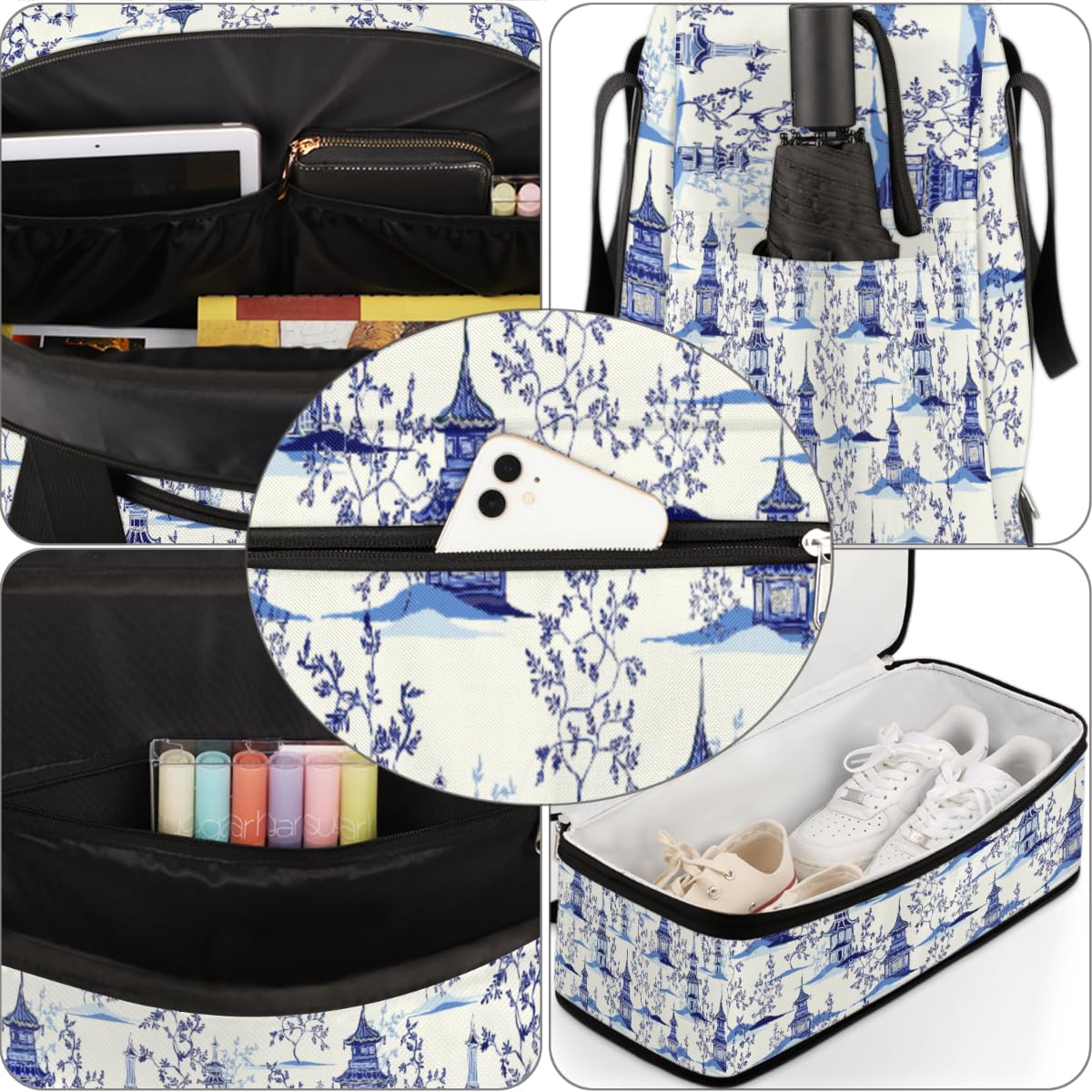 Bolsa de viaje vintage japonesa con pagodas de tinta azul para mujeres y hombres, estampado japonés, bolsas de fin de semana, bolsas plegables separadas para húmedos, bolsa de 47 L para deportes,
