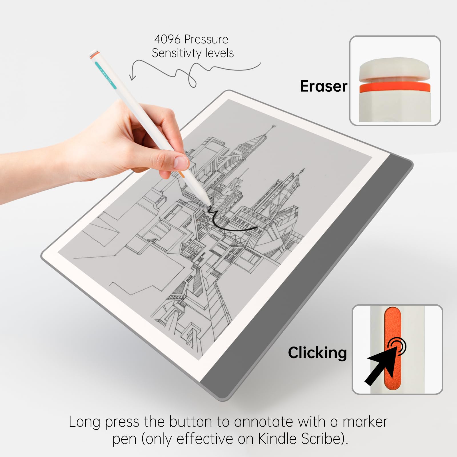 Kindle Scribe Pen Ersatz mit Radiergummi und Palm Rejection | 4096 Druck, Neigungsempfindlichkeit, magnetische Befestigung, Markierungstaste, 5 austauschbare Spitzen, 2 kompatibel