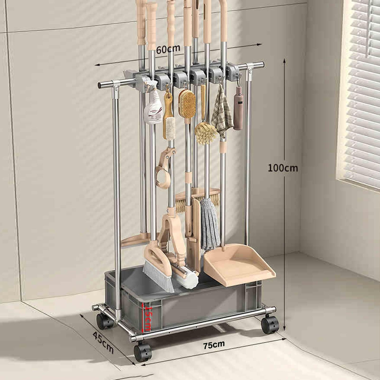 Estante para Escobas Y Fregonas, Organizador De Artículos De Limpieza De Acero Inoxidable con 12 Ganchos Y 10 Ranuras para Almacenamiento En Garaje, Jardín O Escuela.