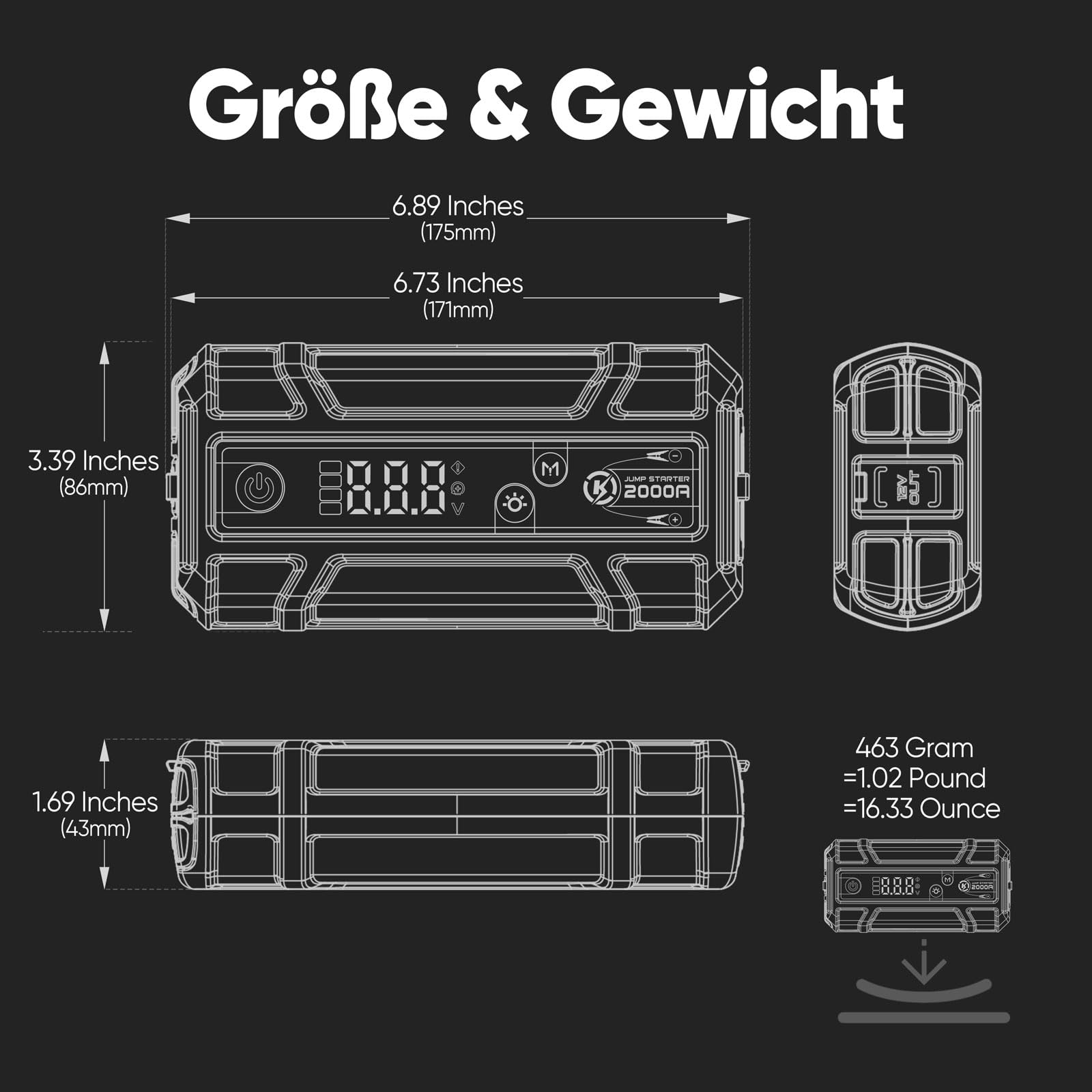 LOKITHOR J400 Starthilfe Powerbank für PKW 2000A 12V Lithium Booster | Batterie Lithium & Écran Numérique, Démarreur Portable pour Essence 8.0L & Diesel 6.0L