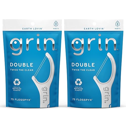 Miniatura 8 de GRIN Doble hilo dental, púas de hilo dental, 75 unidades, hilo dental, sabor a menta, plástico reciclado, 2 líneas de hilo dental, cabezal de hilo