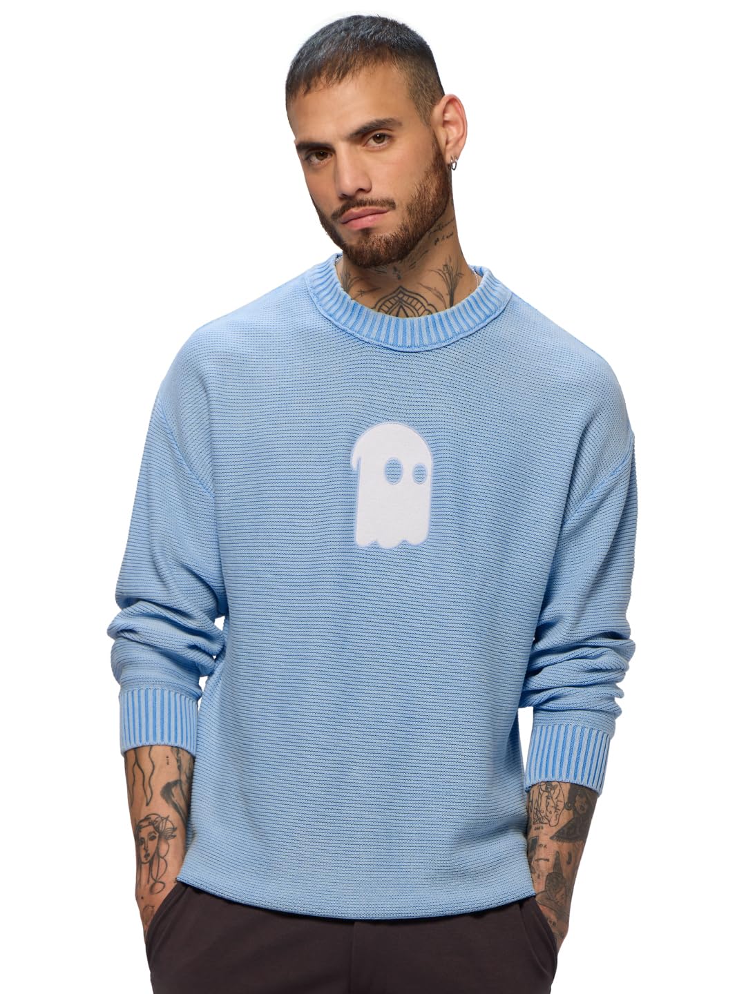 the souled store Knitted Pullover: Blue Wave Men and Boys Long Sleeves Round Neck Embroidered Acrylic Oversized Pullovers-picture-51