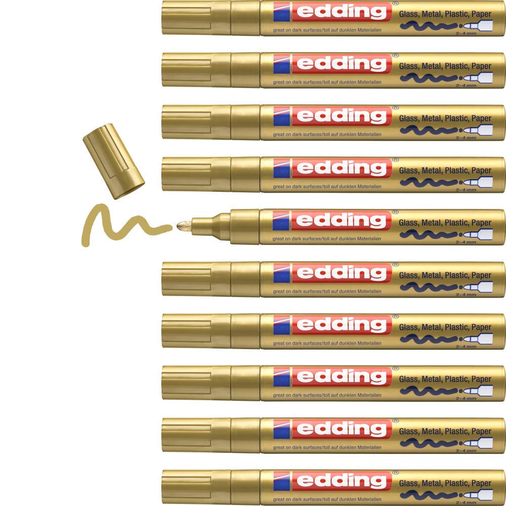 edding 750 marcador de tinta opaca brillante - oro - x10 - punta redonda 2-4 mm - rotuladores brillante efecto lacado para vidrio, piedras, madera, plástico, papel - color permanente
