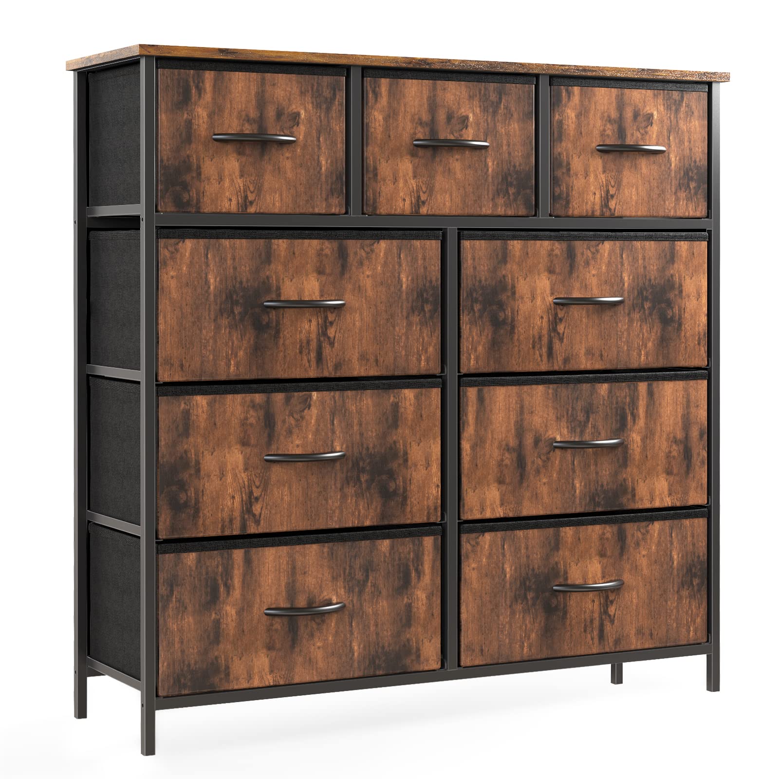 OLIXIS Dresser for Bedroom, 9 Storage Drawers, Wide Fabric Closet Chests Organizer Tower Furniture, TV Stand with Wooden Top Metal Frame for Clothes, Living Room, Hallway, Entryway, Rust