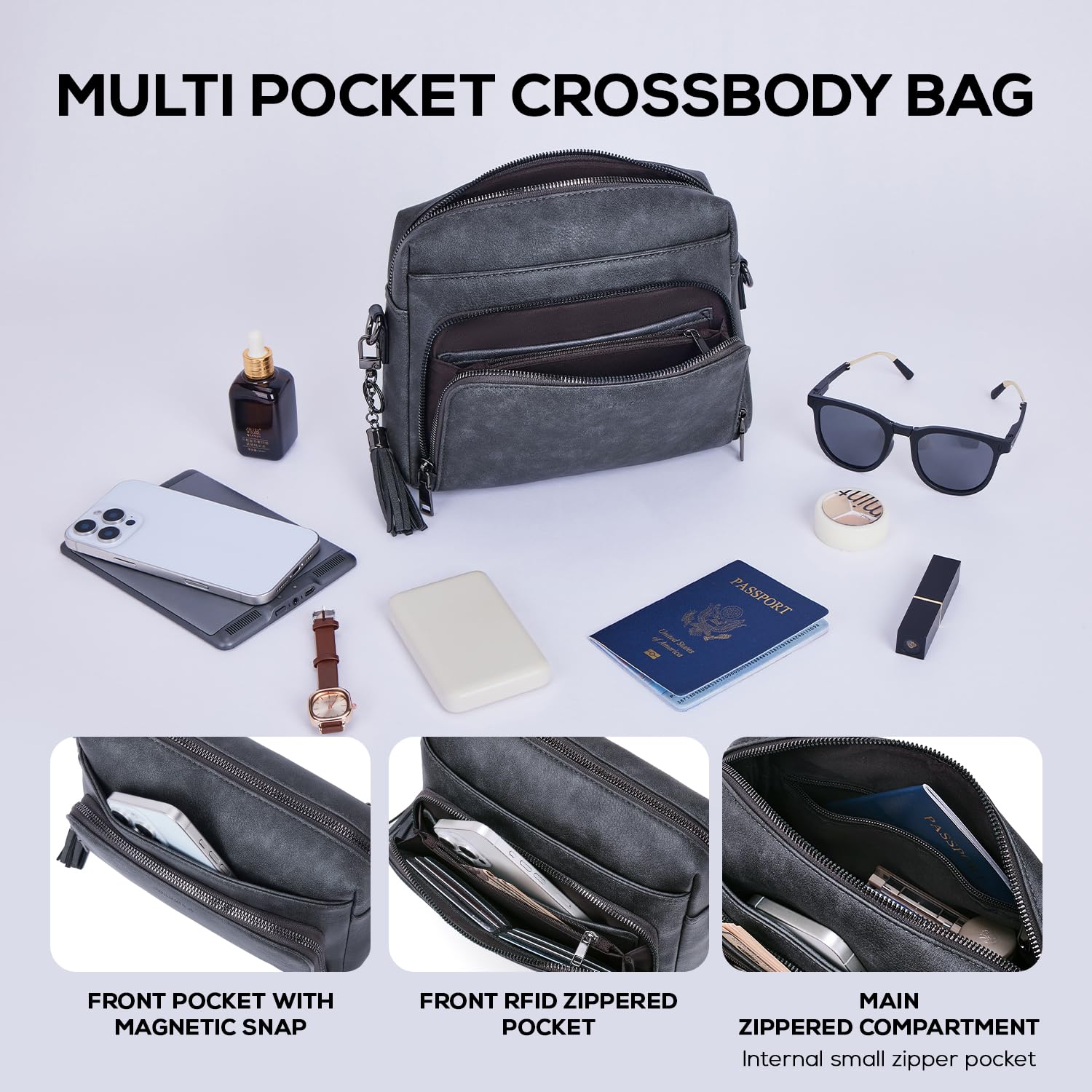 POIUGOYA Crossbody Purses for Women Trendy,Vegan Leather Medium Crossbody Bag,Women's Crossbody Travel Purse Built in Wallet: Dark Gray