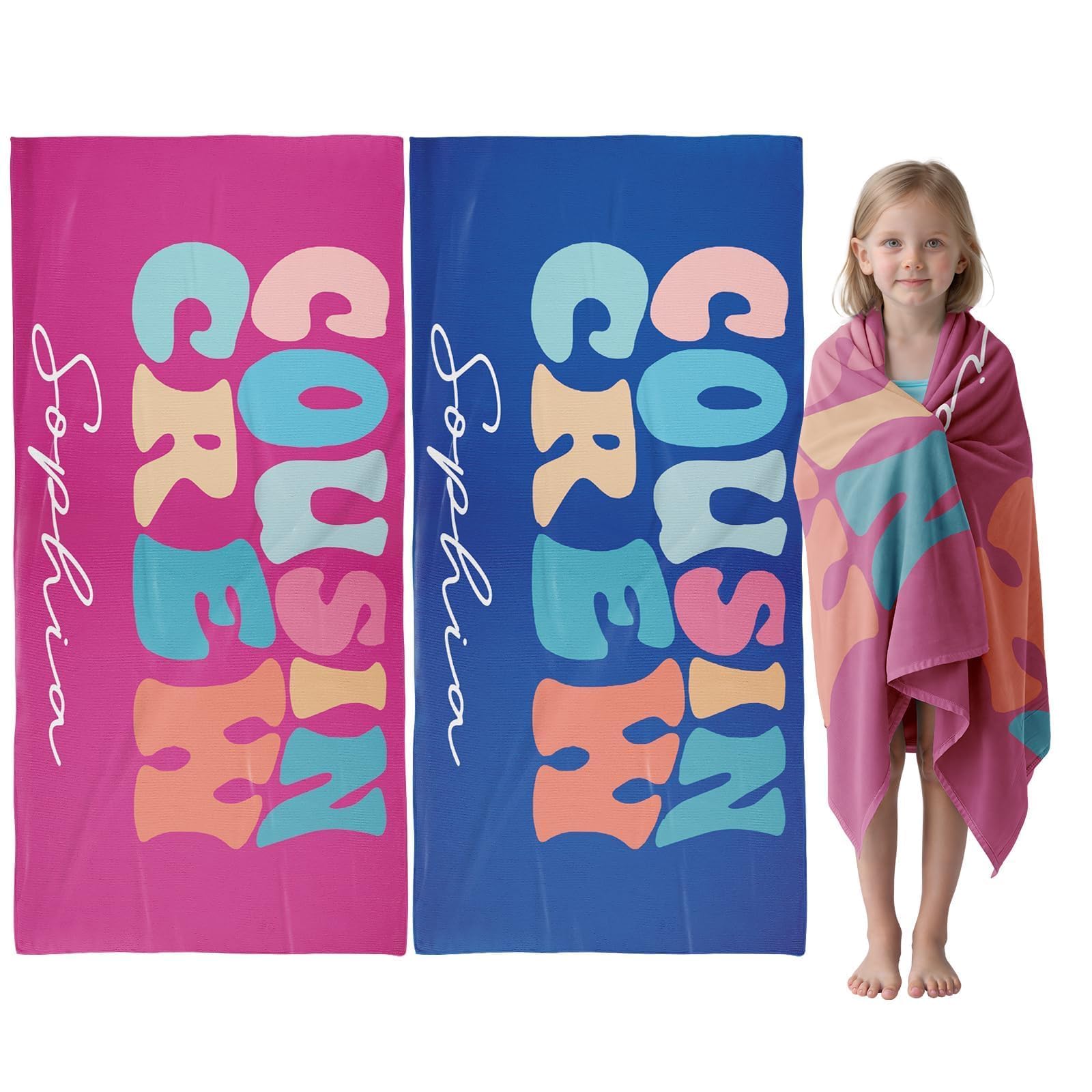 Infiher Personalised Beach Towels for Kids,Custom Cousin Crew Beach Towels with Name,Customised Kids 280gsm-420gsm Thick Soft Absorbent Monogrammed Towels for Swim,Bath,Pool,Vacation,Gifts(37 Colors) — image 1