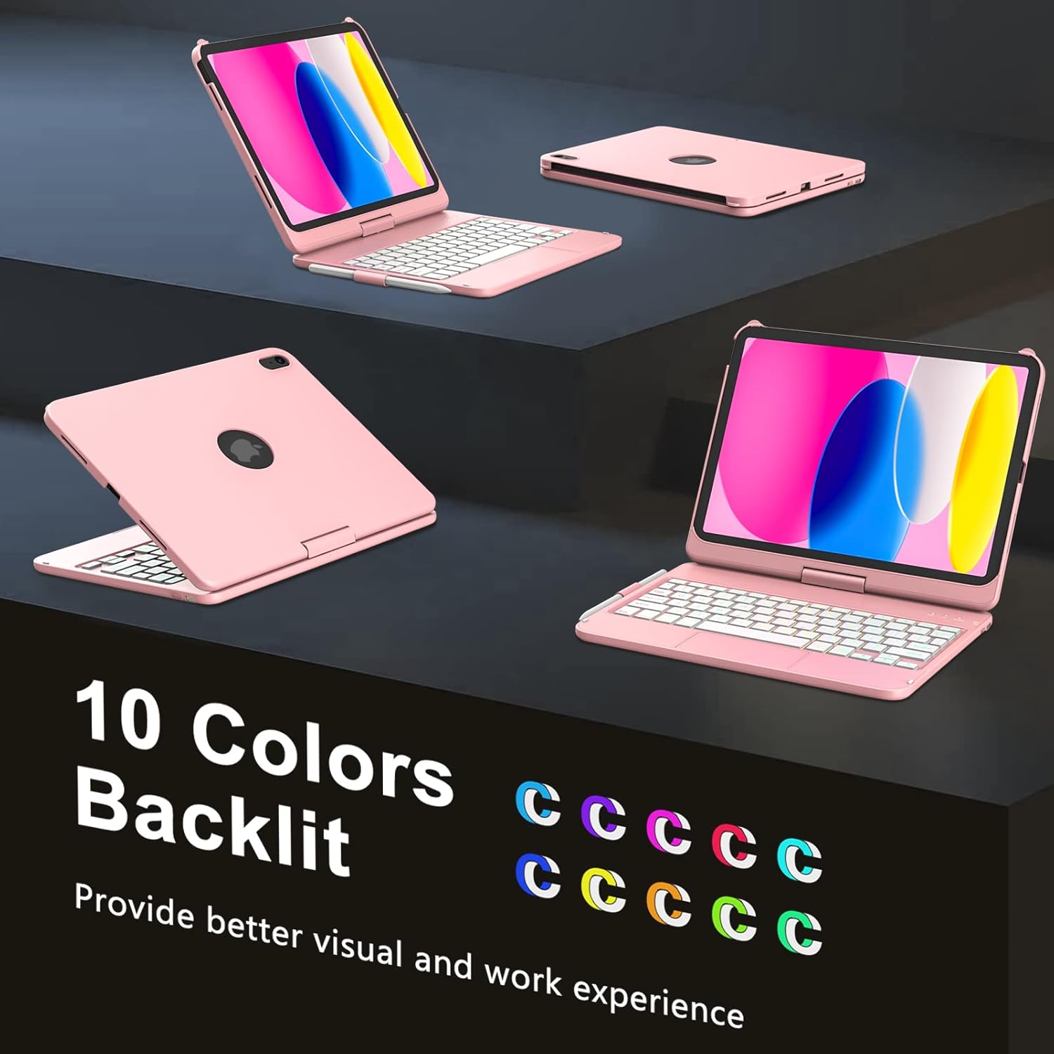 for iPad A16 11th Generation/10th Generation Case with Keyboard,Touch Keyboard for iPad 11" /10th Gen 10.9 inch 2022-10 Color Backlight, 360° Rotatable Protective Cover (Rose Gold)