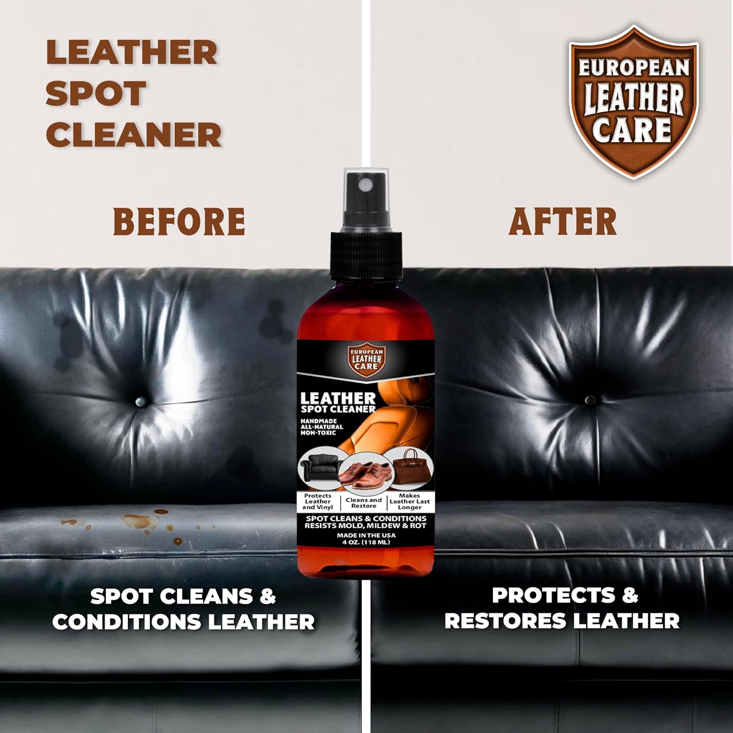 European Leather Care Leather Spot Cleaner 8 oz Car Leather Cleaner and Conditioner for Leather Couch Cleaner, Furniture, Car Seat, Shoes, Boots, Purse - Natural Ingredient Leather Shoe Cleaner USA - Image 5