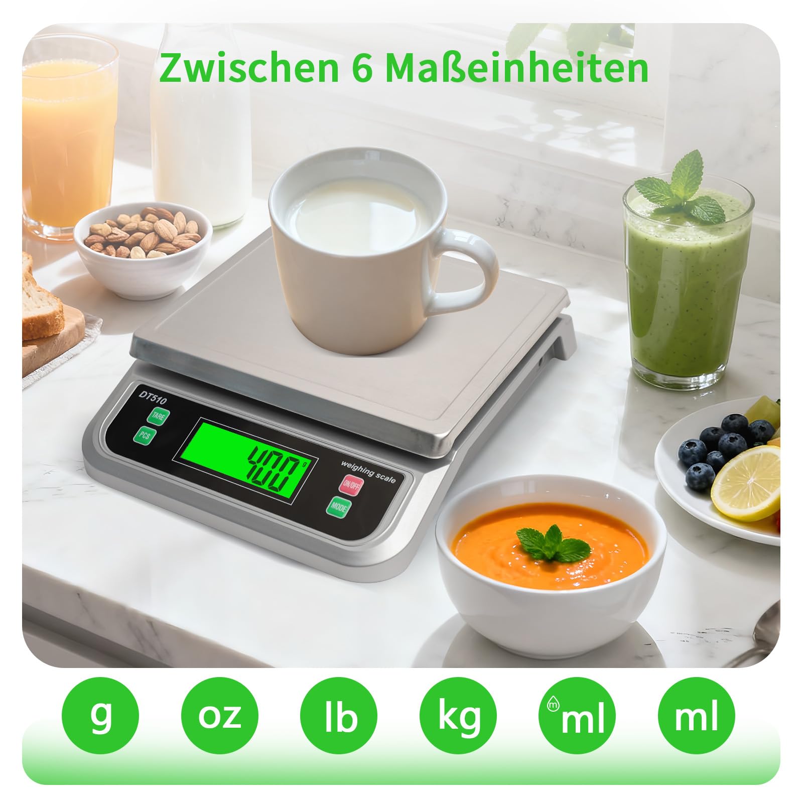 Küchenwaage Digital, 40KG Küchenwaage mit PCS zählen und Tara Funktion Küchen waage mit 6 Maßeinheiten g/kg/lb/oz/ml/milk-ml und LCD Display Edelstahl Wiegefläche zum Backen und Kochen Silber