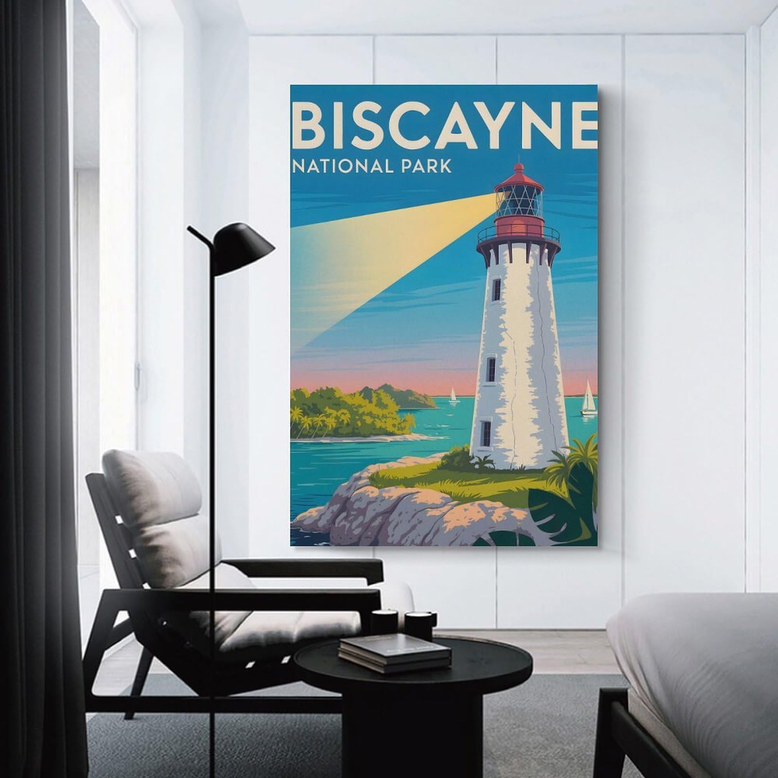 Junmoney Canvas Wall Decor Biscayne National Park Lighthouse Illustration, 16x24inch(40x60cm), for Bedroom Decor, Cosy Corners Or Studios, Decorative Wall Art for Cosy Rooms