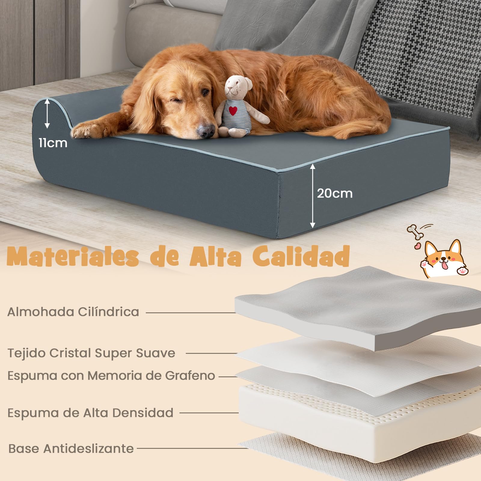 GOPLUS Cama Ortopédica para Perros, Cama Grande de Espuma Viscoelástica de Grafeno para Mascotas, Reposacabezas, Funda Extraíble y Lavable, Fondo Antideslizante, Sofá de Interior para Perros, Gris