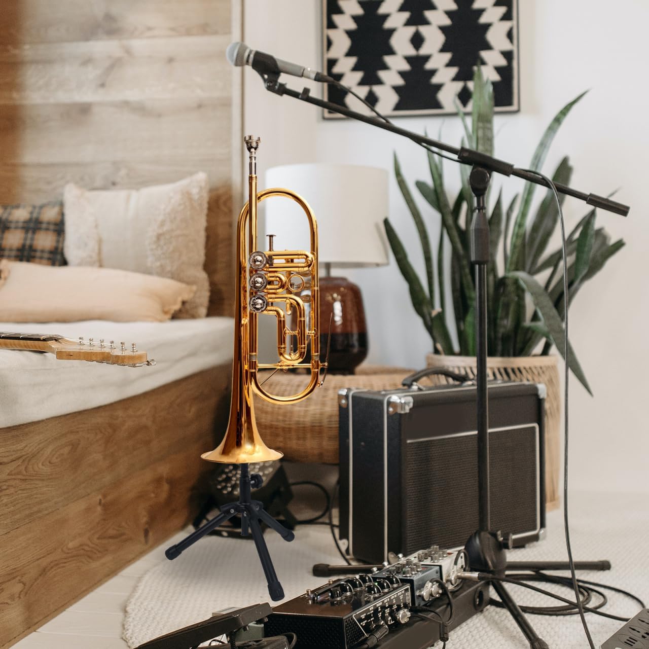 BESTonZON Portable Trumpet Stand, Folding Flugelhorn Holder Tripod Cornet Support Rack, Collapsible Brass Instrument Display with Protective Cone