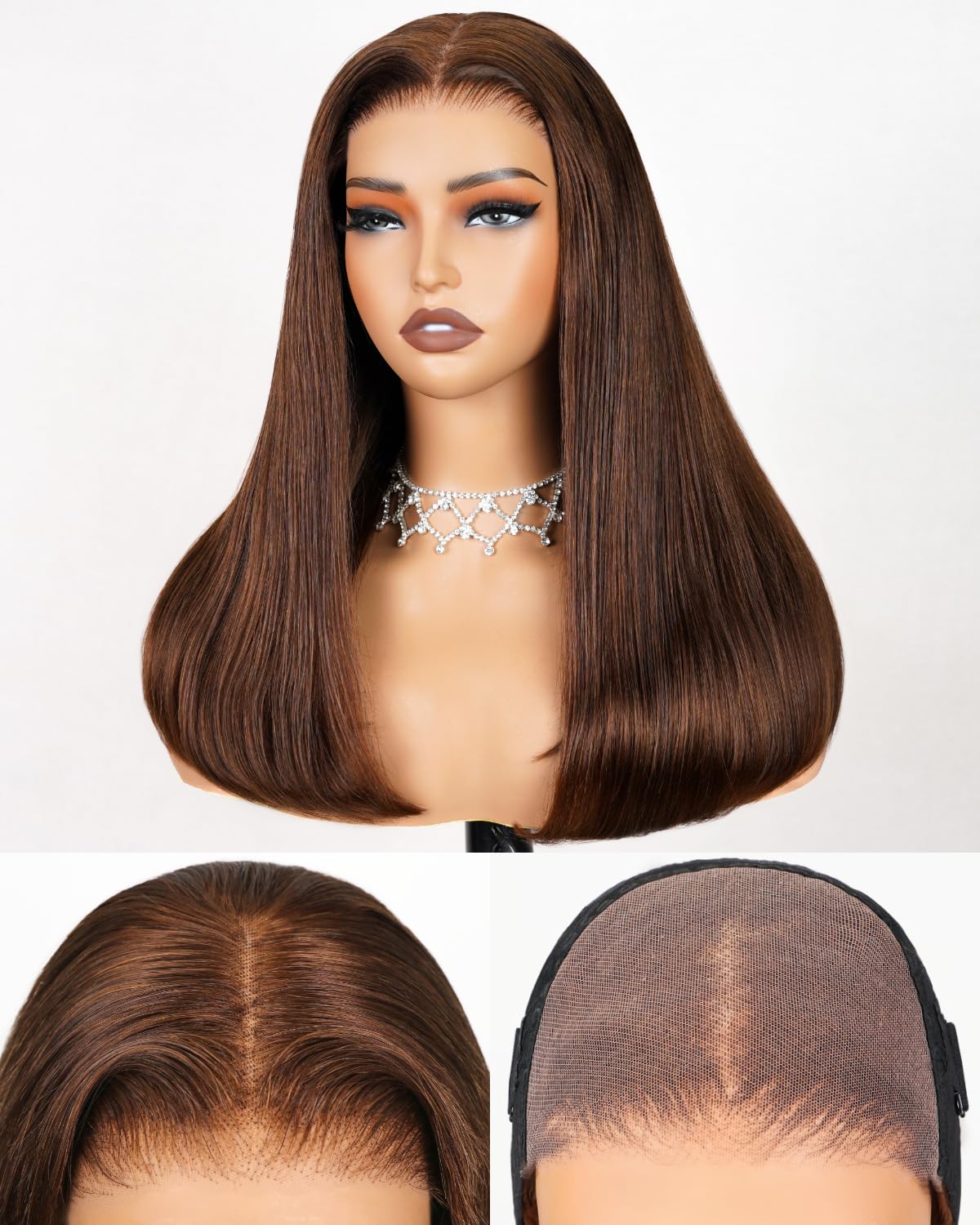 Arabella 6x5 Ready to Go Glueless Wigs Human Hair 230% Density Lace Front Wigs 100% Human Hair 12A Pre Cut Lace Pre Plucked Bleached Knots 4# Brown