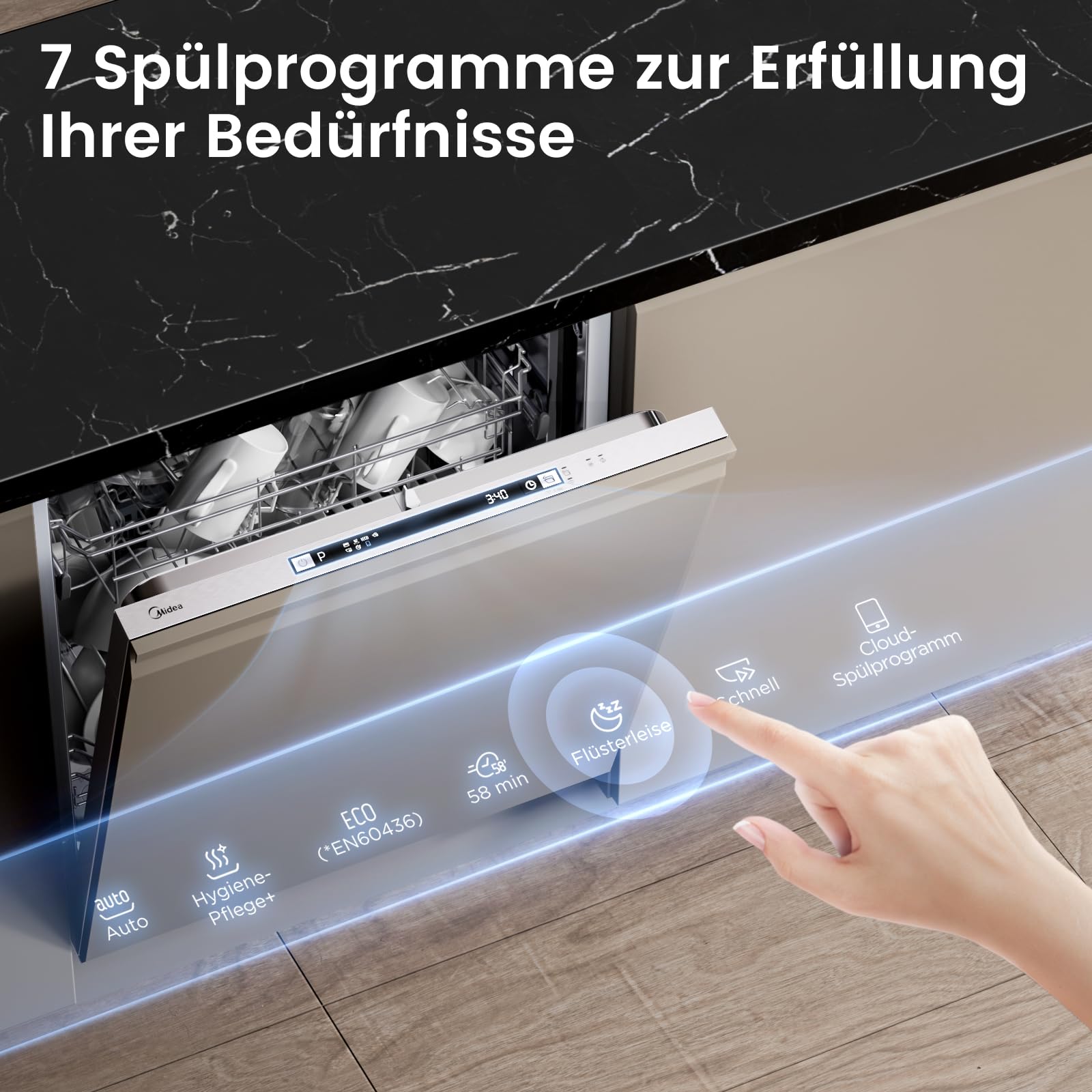 Midea SV 5.14K14C Lave-vaisselle, entièrement intégré, 60 cm, 14 places, encastrable, avec WiFi, 8 programmes, 44 dB, ouverture automatique, retard de démarrage de 0 à 24 h, acier inoxydable