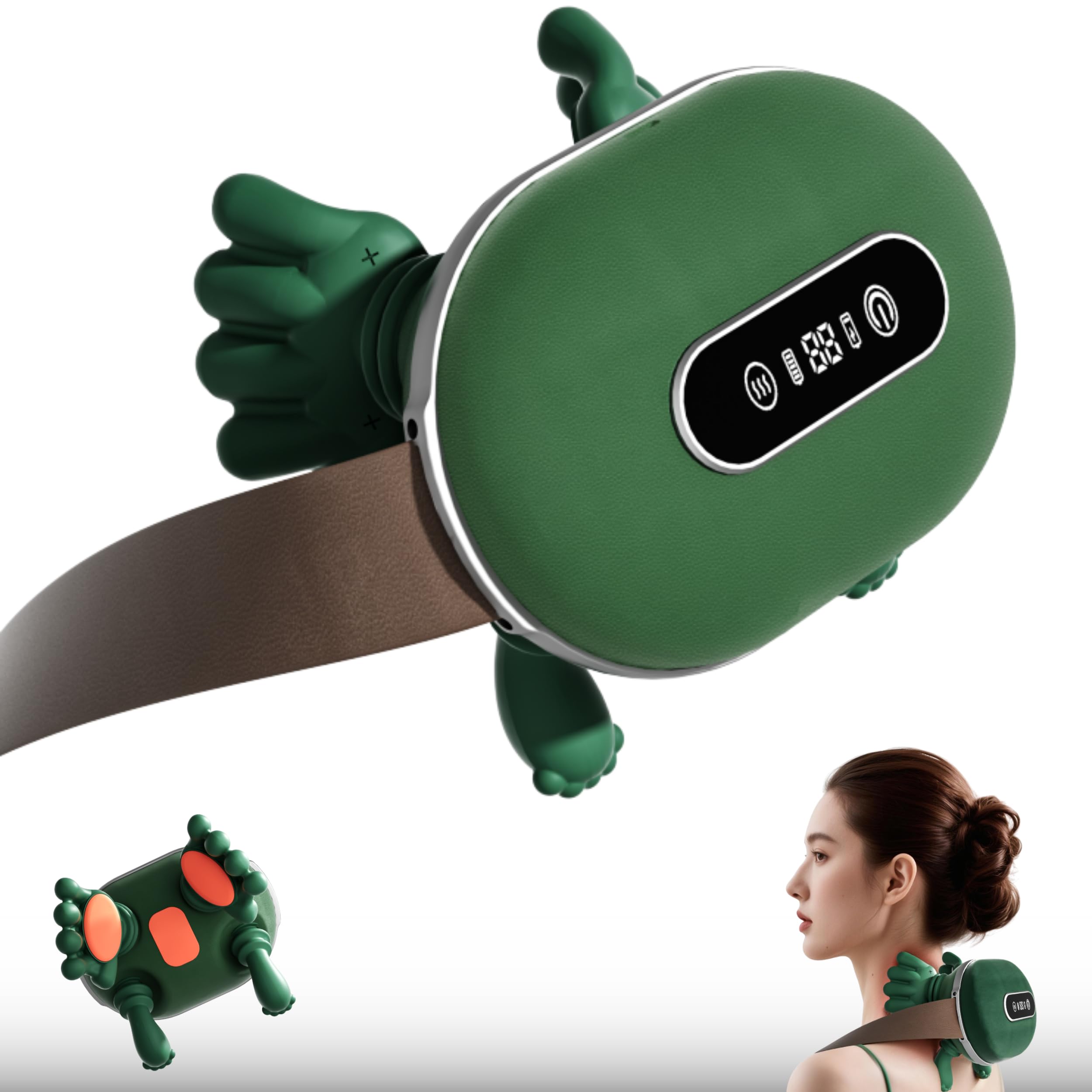 Masseur Cou et Cervicales Shiatsu 4D Électrique avec Chaleur (2 Réglages) – Main Bionique Massante Nuque,Dos et Épaules, 3 Intensités de Massage, Appareil de Relaxation Musculaire, Sans Fil,Vert