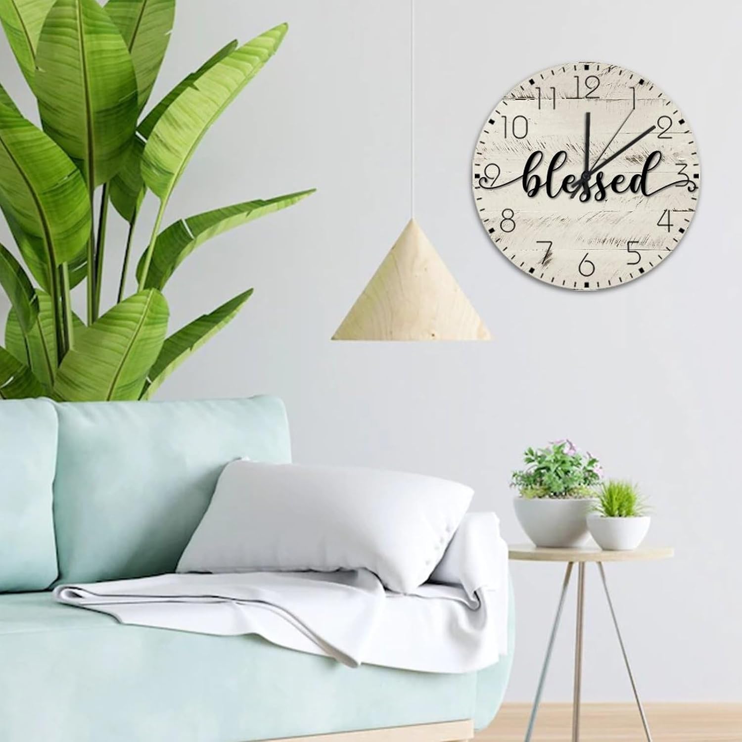 Minimalist Wood Clock Non-Ticking Sweep Movement Blessed Vintage Wall Clocks Letter Monogram Script Font Home Decor for Washroom Living Room Gym 12 Inch