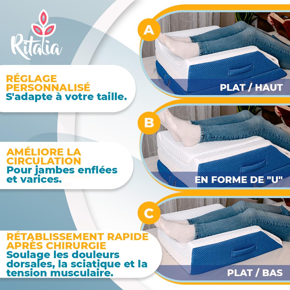 Ritalia Coussin REHAUSSE Jambes Coussin orthopédique pour surélever Les Jambes au lit ou canapé, 3 hauteurs réglables, Mousse mémoire de Forme, Housse Respirante Lavable