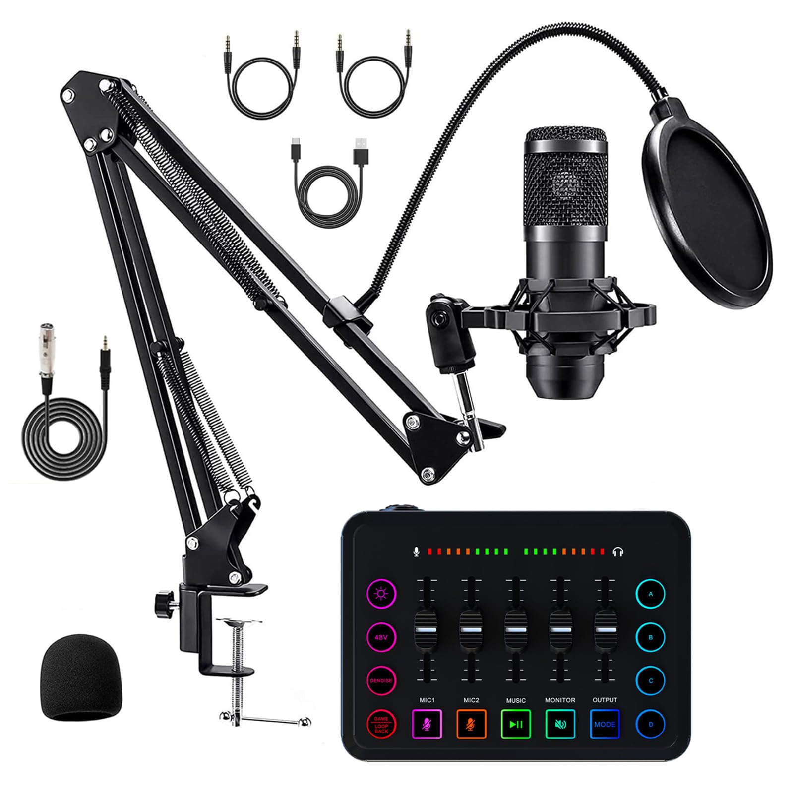 Streamer, Podcaster, Gamer mit Interface, Soundboard, Kondensatormikrofon, Galgenarm, Kabeln für Live-Streaming, Singen, Aufnehmen, Spielen auf PC/Smartphone, Rauschunterdrückung, (Goldenes