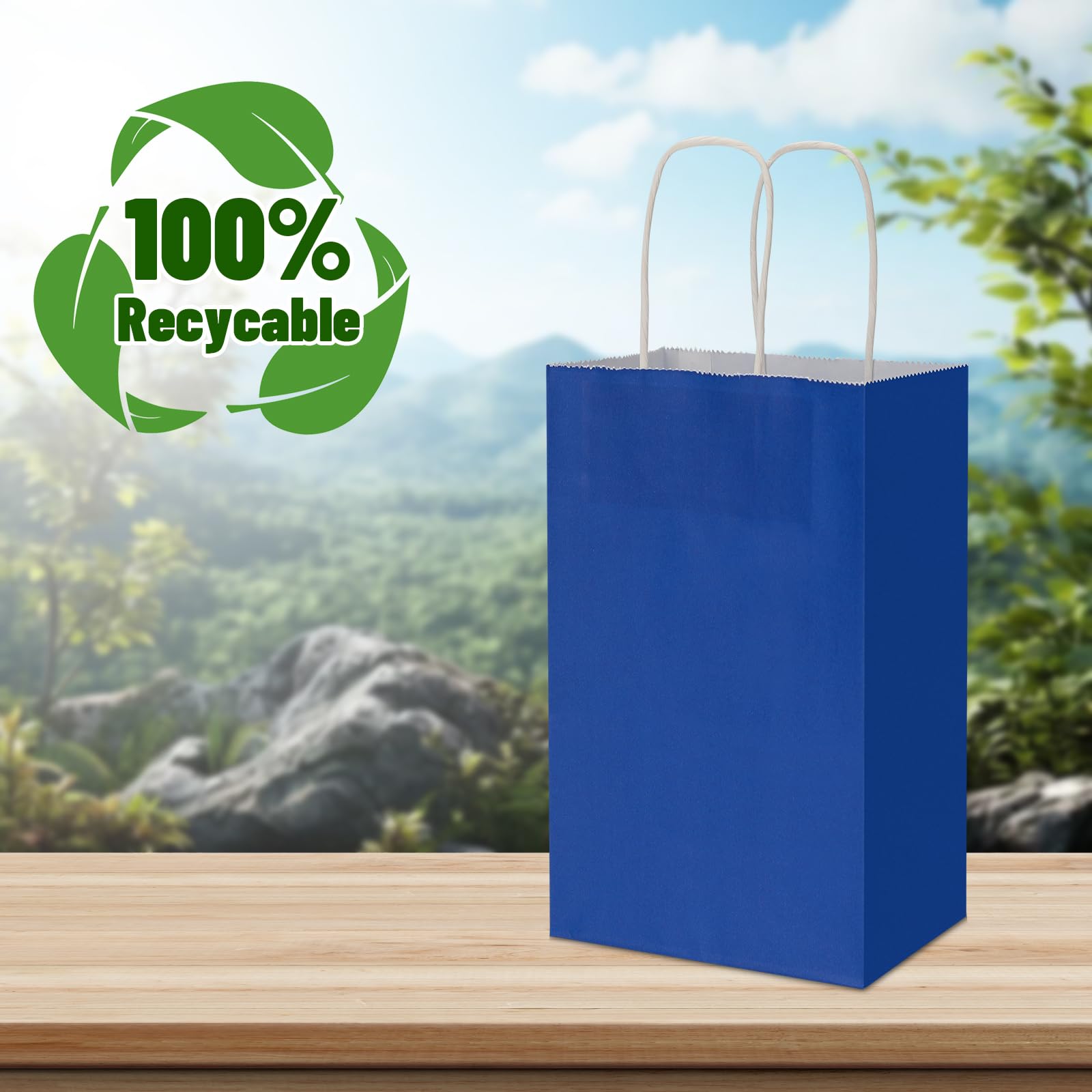 100 Pack 5.25x3.25x8.25 Inch Small Royal Blue Kraft Paper Bags with Handles Bulk, Toovip Gift Wrap Bags for Favor Grocery Retail Party Birthday Shopping Business Goody Craft Merchandise Take Out Sacks