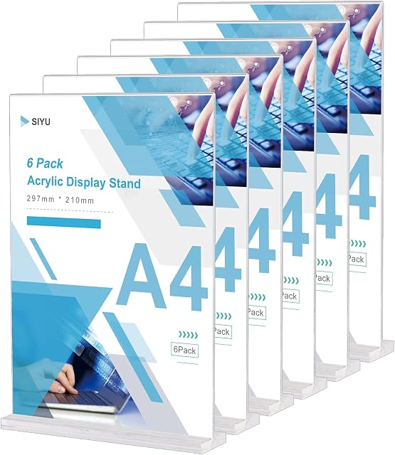 (6 Pack) Acrylic Sign Holder A4, Plastic A4 Sign Display Stands, Clear Table Menu Holders Poster Sign Stands for Shop Restaurant Hotel School Office (T-Shape, Double-Side)