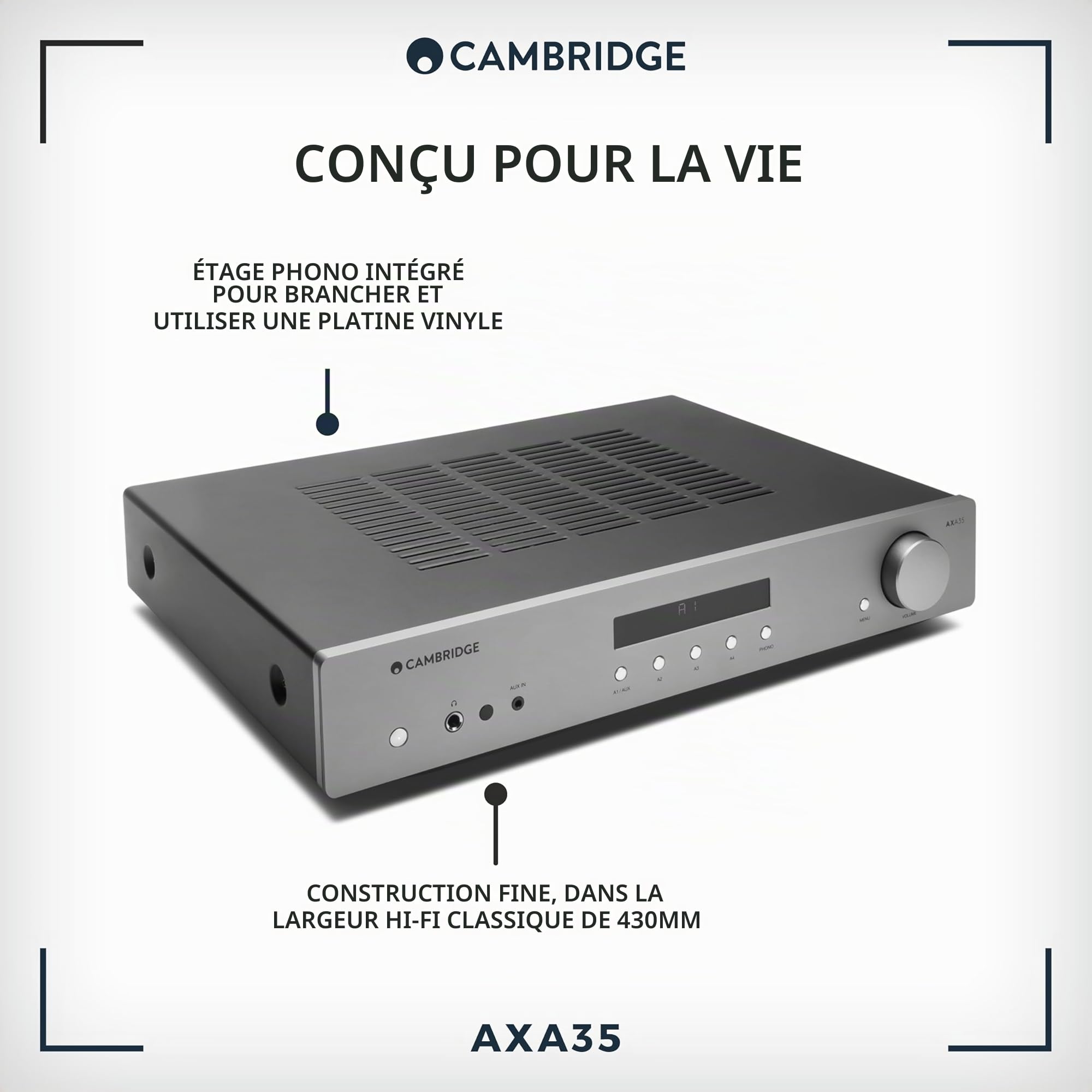 Cambridge Audio AXA35 – Amplificateur stéréo intégré, ampli HiFi 35 watts avec préampli phono intégré, entrée Aux frontale & prise casque – Lunar Grey