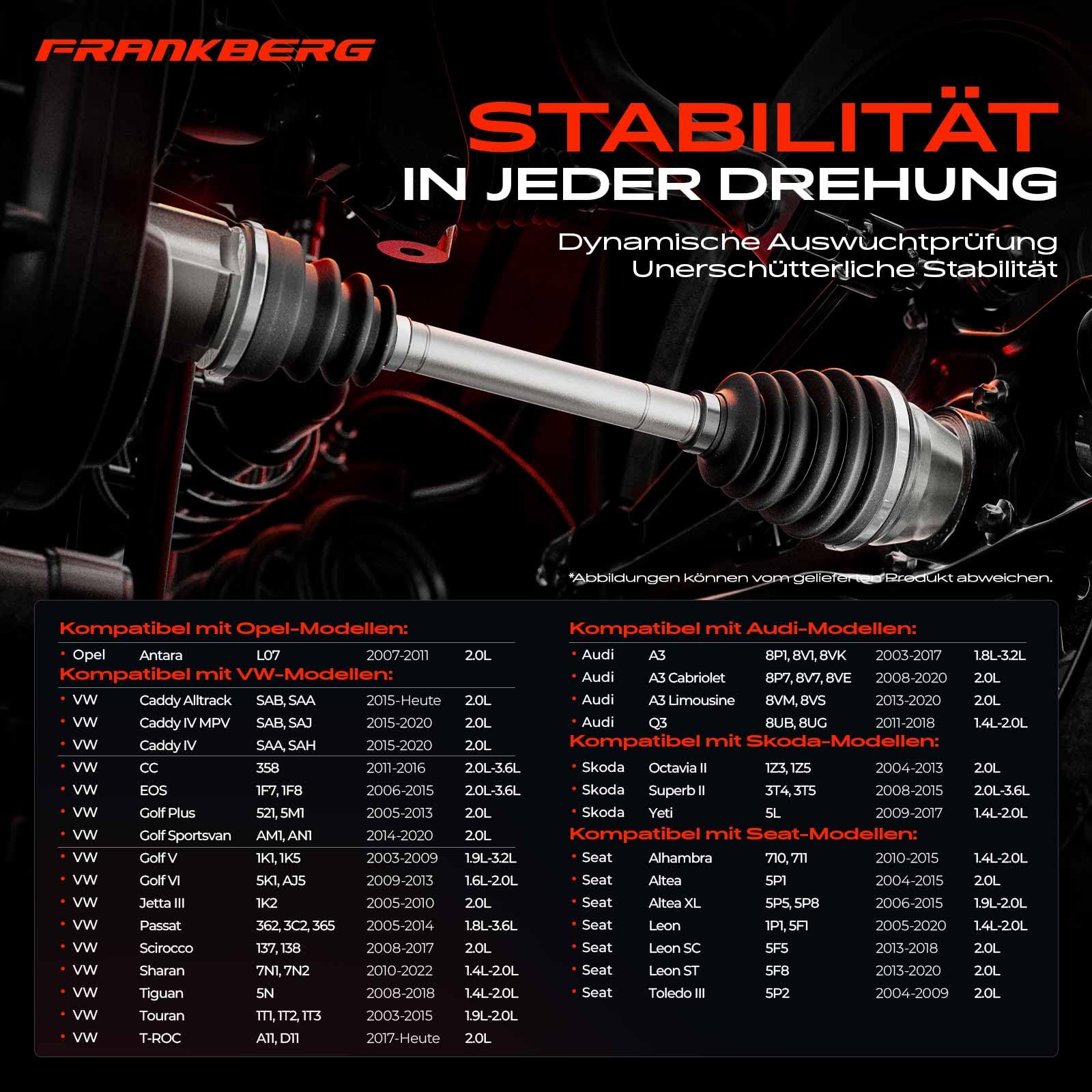 Frankberg Antriebswelle Achswelle Vorne Links Kompatibel mit A3 8P1 2003-2012 Q3 8UB 8UG 2011-2018 Antara L07 2007-2011 Alhambr.a 710 711 2010-2022 Replace# 1K0407271NP