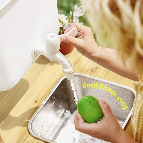 Miniatura 10 de Tiny Land Cocina de barro al aire libre para niños, cocina de madera con tanque de agua, juego de agua y cocina, diversión sensorial, resistente a