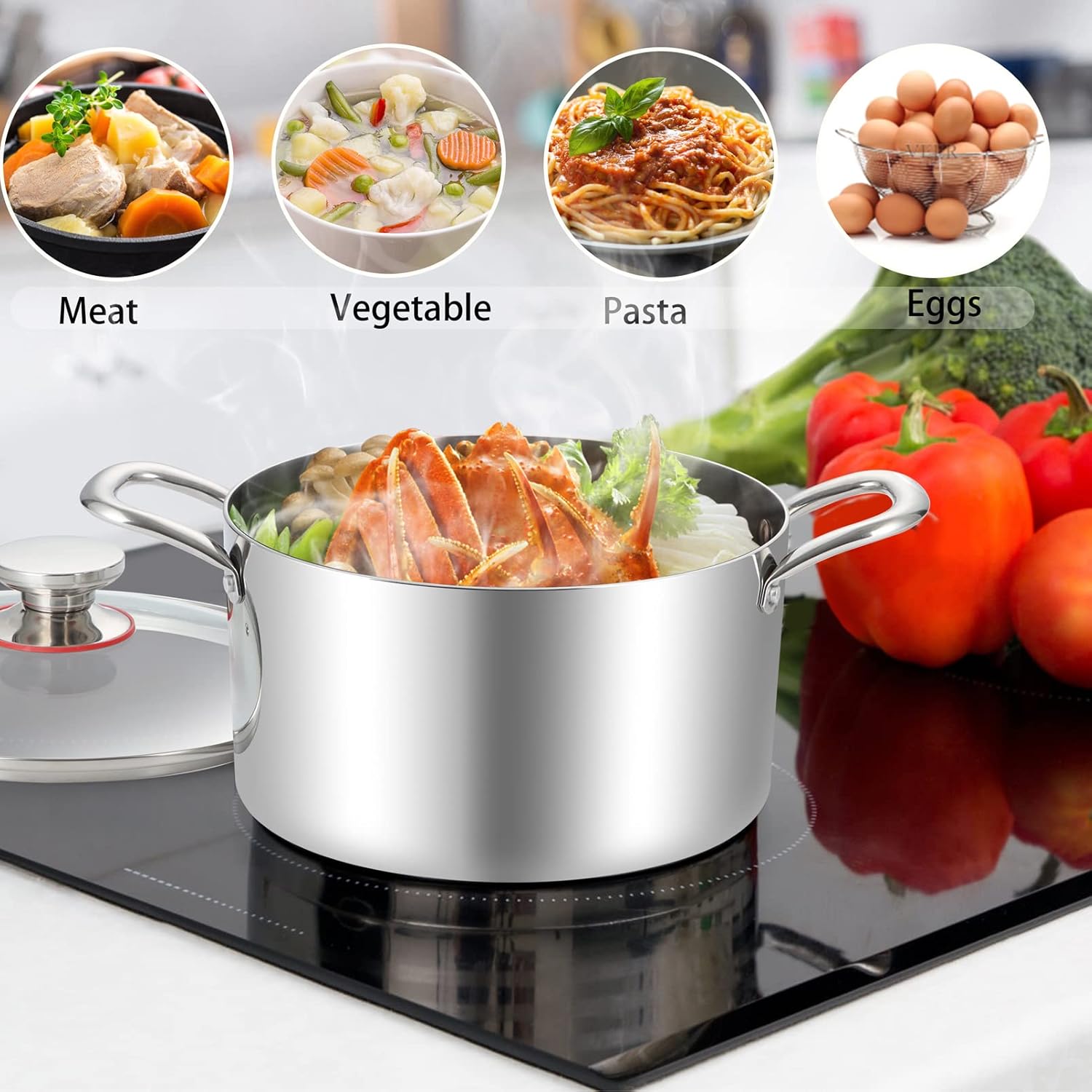 TeamFar 6 Quart Stock Pot, Stainless Steel Tri-Ply Cooking Pasta Pot with Tempered Glass Lid for Induction/Electric/Gas/Ceramic, Healthy & Sturdy, Double Riveted Handles & Dishwasher Safe - Image 6