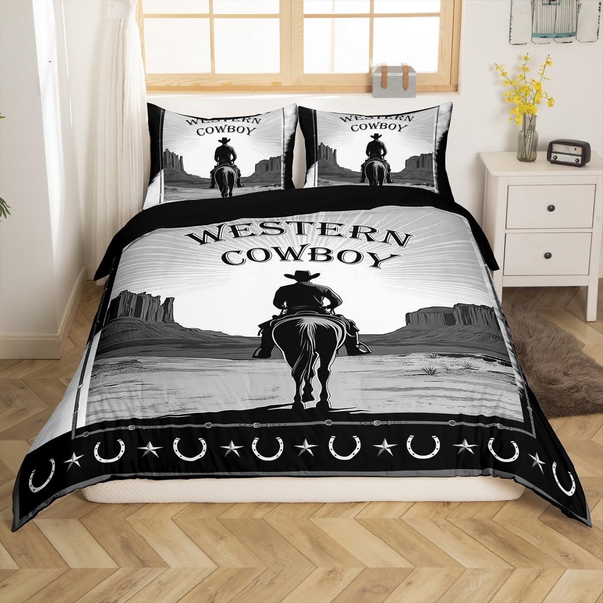 Loussiesd Western Decor Comforter Cover Set Double Size Wild West Cowboy Bedding Set Children Horse Horseshoes West Texas Star Rodeo Cowboy Bedding Duvet Cover Set Grey Bedspread Cover 3Pcs — image 1