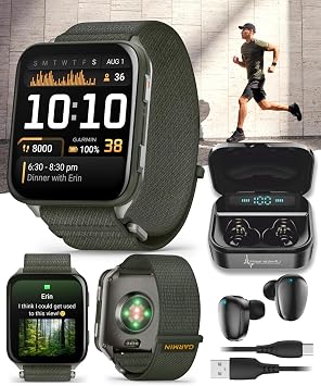 Garmin Venu X1 Thin and Lightweight GPS Smartwatch, AMOLED Display, Moss with Titanium Caseback and Moss ComfortFit Nylon Band Black Earbuds Bundle