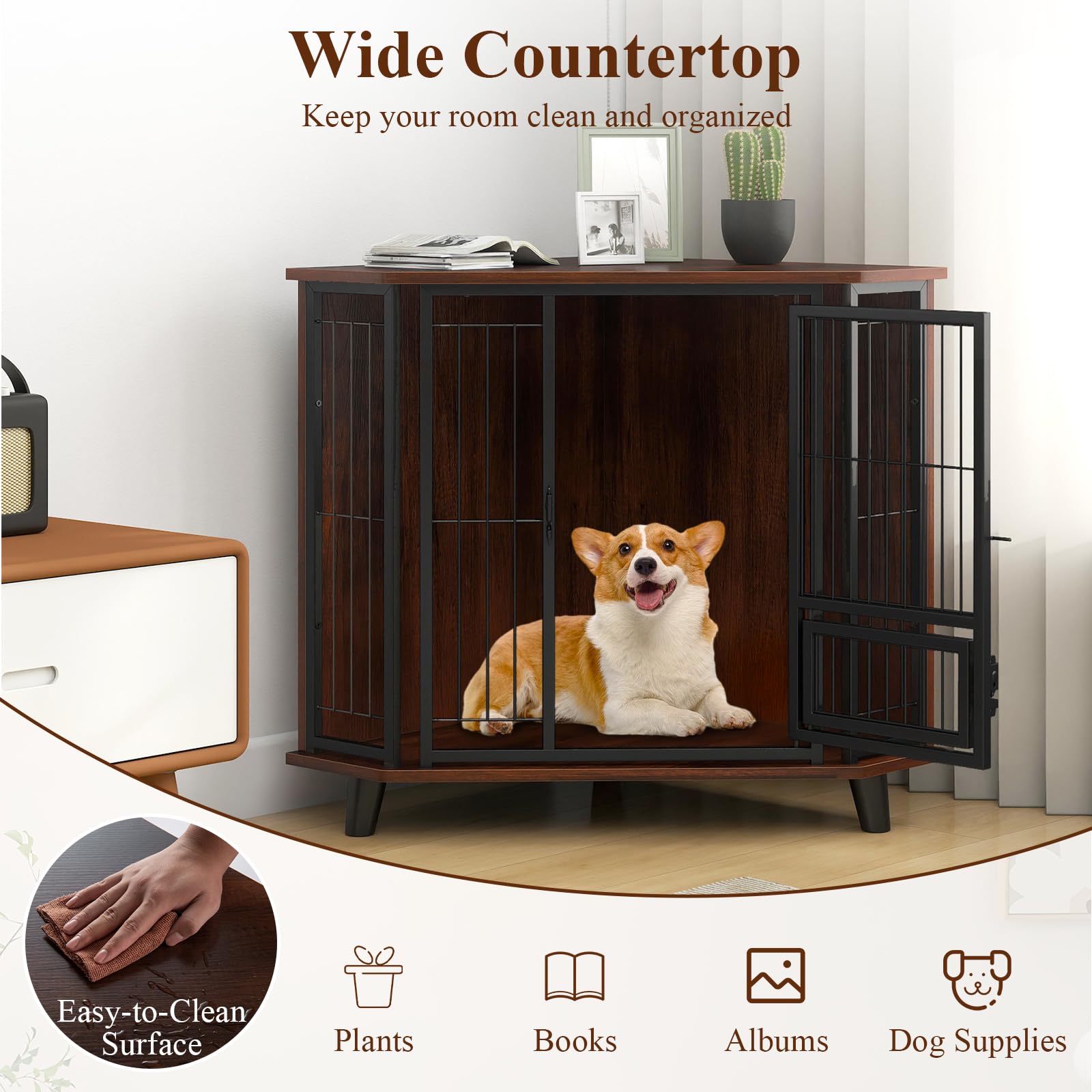 SOARS Eck-Hundekäfig Möbel, Hundebox für Zuhause, Hundehütte Indoor für kleine/mittlere Hunde, Hundehaus mit Futtertür, abschließbare Tür, 60 x 60 x 71,5 cm