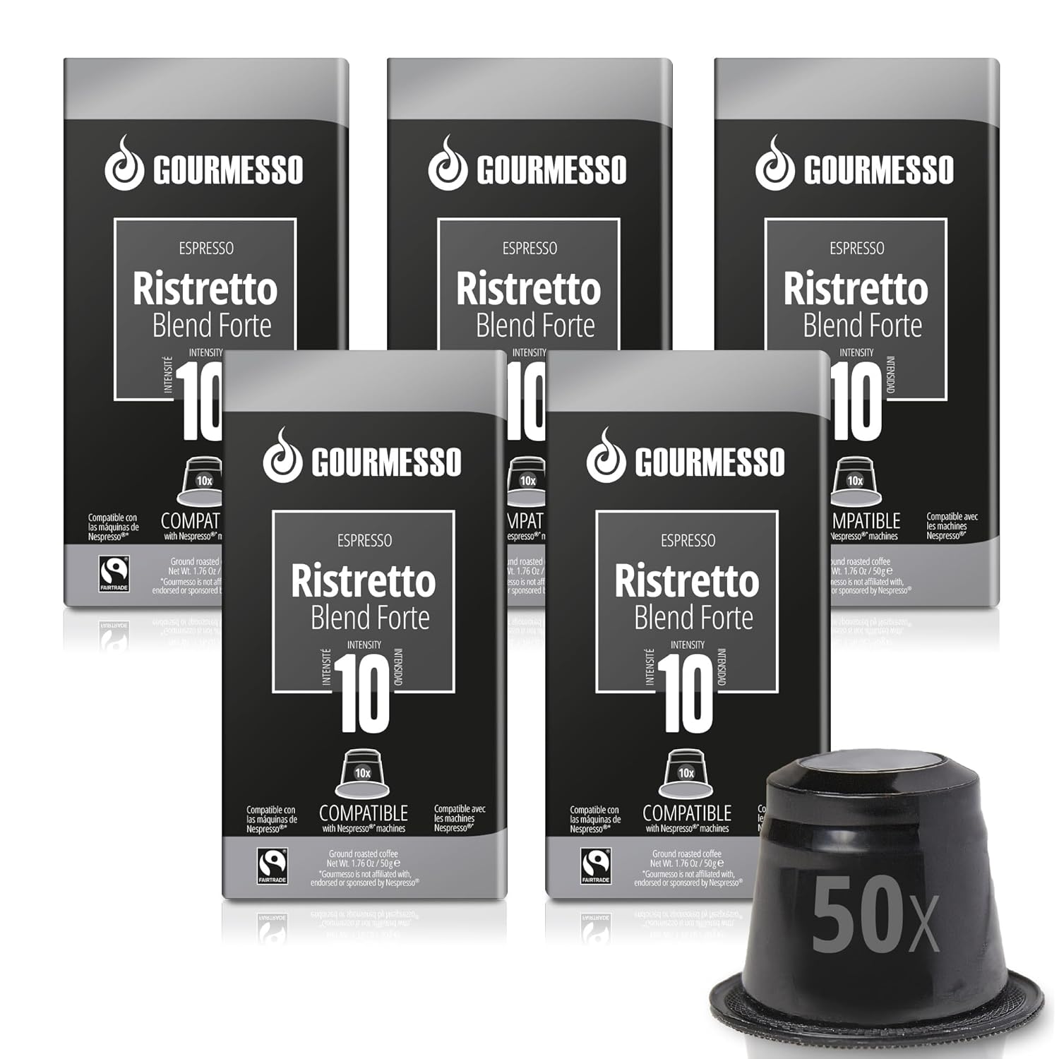 Gourmesso 50 Espresso Coffee Pods for Nespresso Original Machines I Ristretto Capsules I 100% Fairtrade I Intensity 10 I Dark Roast