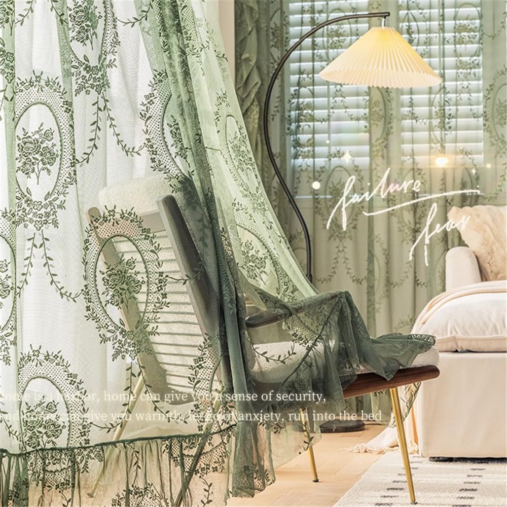 Lot de 2 rideaux en dentelle brodée florale vert sauge avec volants pour chambre à coucher | Rideaux transparents à volants style princesse française rétro pour salon, 99 x 178 cm (l x L)
