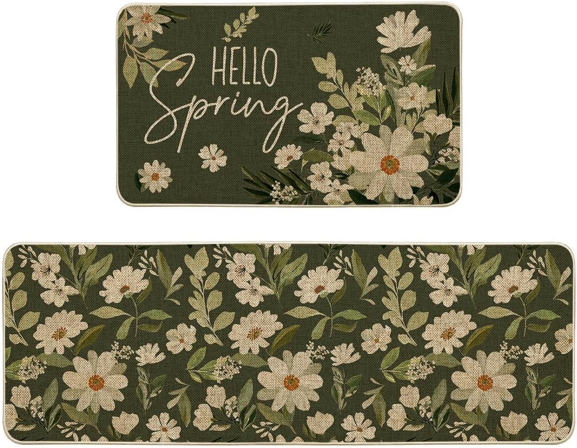 Artoid Mode Vintage Daisy Flowers Hello KM035 Spring Kitchen Mats Set of 2, Home Decor Low-Profile Kitchen Rugs for Floor - 17x29 and 17x47 Inch
