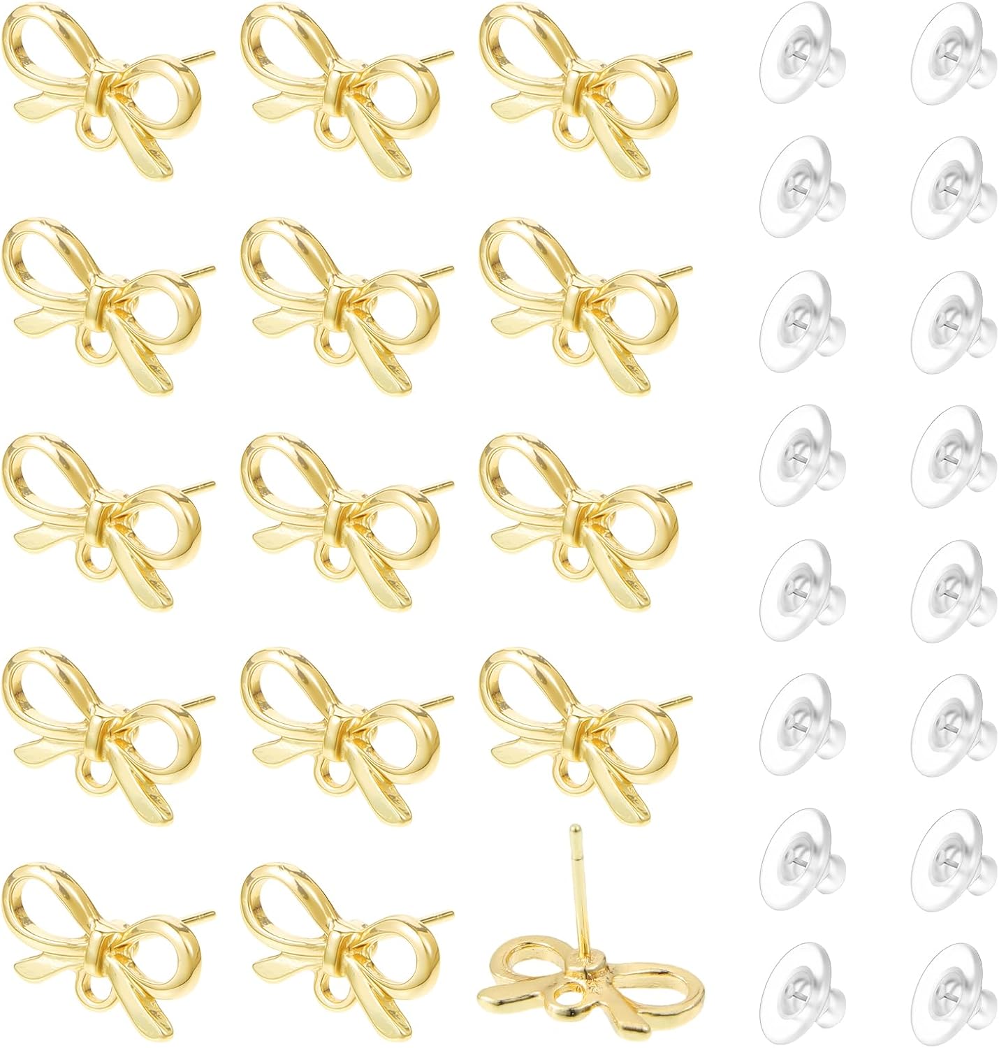 50 Pcs Bowknot Earring Findings Elegant Bow Tie Earring Stud Post Nuts DIY Dangle Jewelry Making Accessories Supplies with Hole Loop for Crafts Women