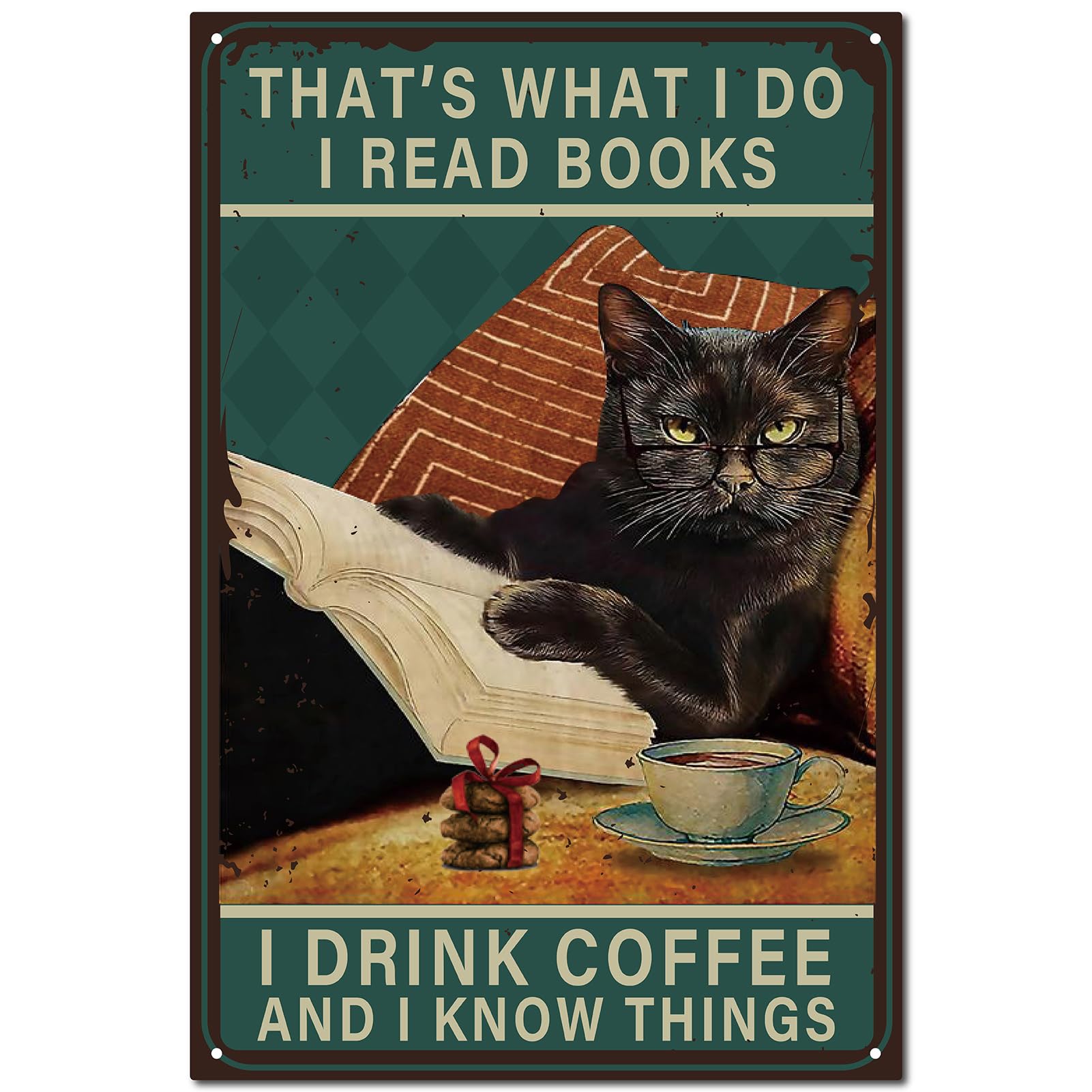 CREATCABIN Cat Tin Vintage Metal Poster Retro Painting Plaque Iron Wall Decor Art Watercolor Kitty Mural Hanging Sign - Read Books Drink Coffee for Bar Club Restaurant Cafe Home 12x8 Inch