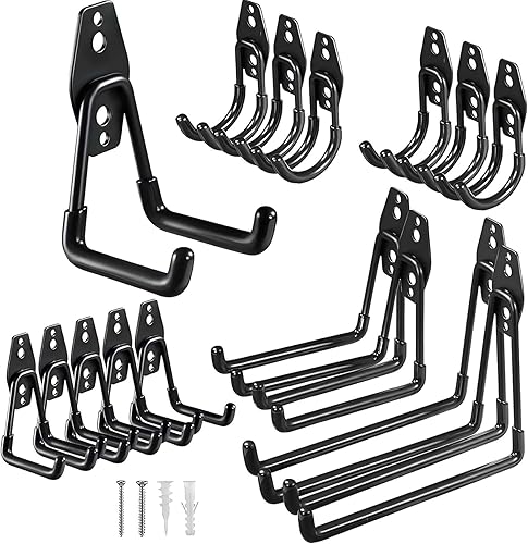 Miniatura 9 de GUDEMAY Paquete de 16 ganchos de garaje, colgador de herramientas de acero resistente y organizador para almacenamiento de montaje en pared,
