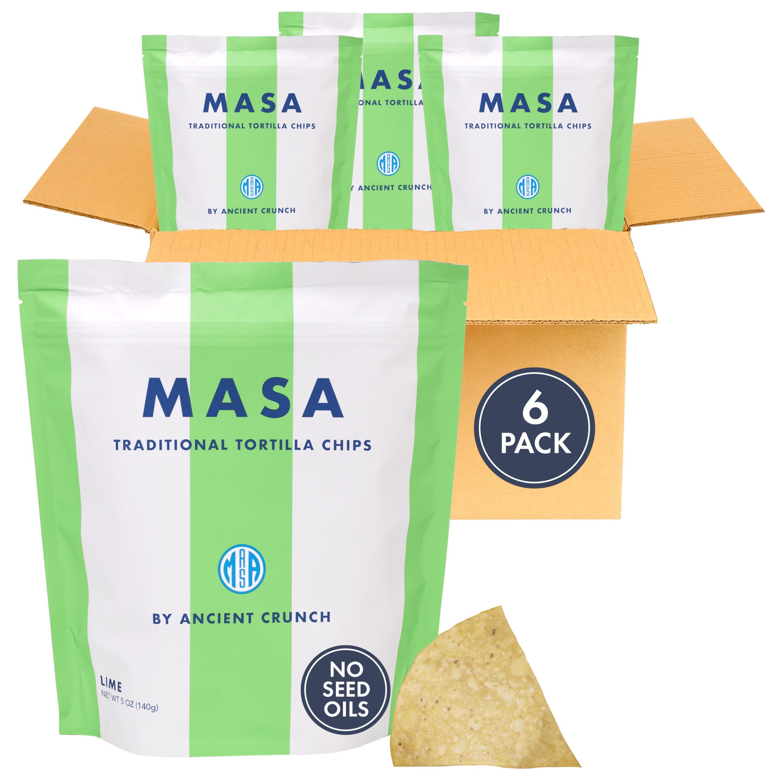 MASA Chips - Lime Flavored Tortilla Chips, Handmade Corn Chips & Crisps - Naturally Grown White Corn, Made with Grass Fed Tallow & Sea Salt - 6 Pack, 5 Ounce Each