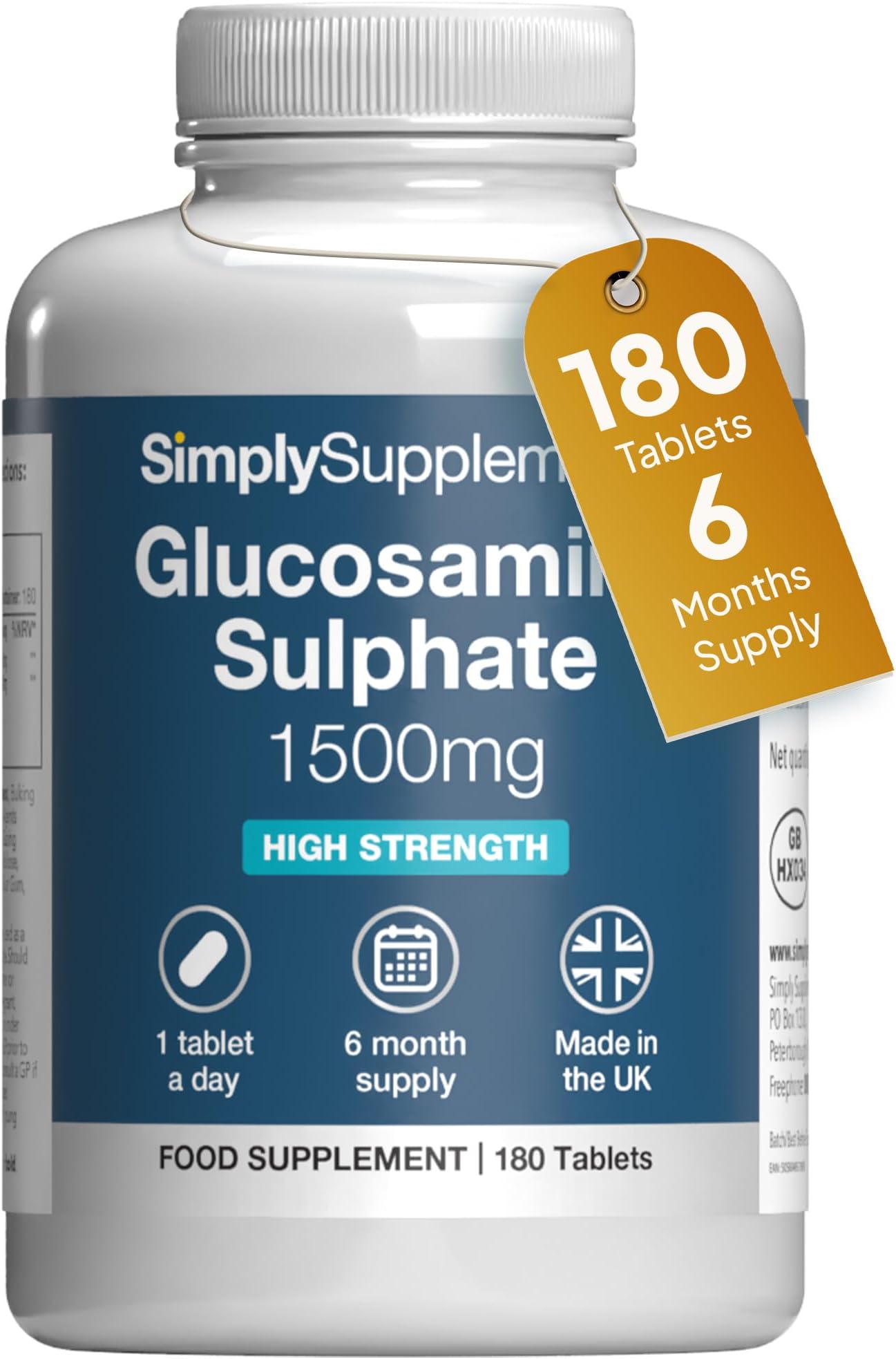 Glucosamine Sulphate 2KCL 1500mg | Supports Active Lifestyles | Marine Sourced | 180 Tablets = 6 Months' Supply | Manufactured in The UK in Accordance with GMP Standards