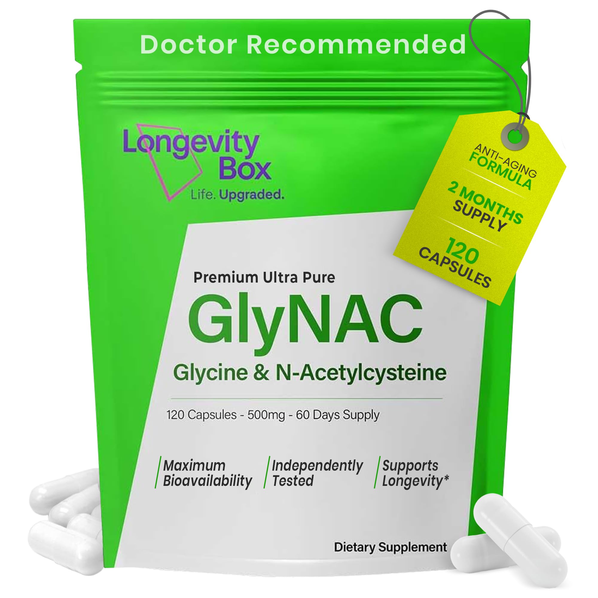 Longevity Box GlyNAC 1000mg – 500mg Glycine + 500mg NAC – 120 Vegan Capsules for Glutathione, Energy & Healthy Aging