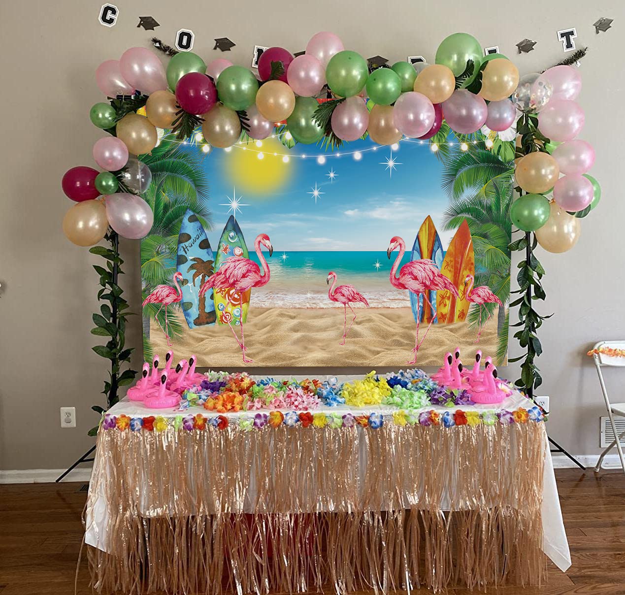 Hawaii Summer Beach Backdrop Tropical Summer Island Seaside Surf Background Sky Ocean Flamingo Palm Leaves Decoration Banner Aloha Luau Happy Party Photography Photo Props (8X6FT) - Image 2