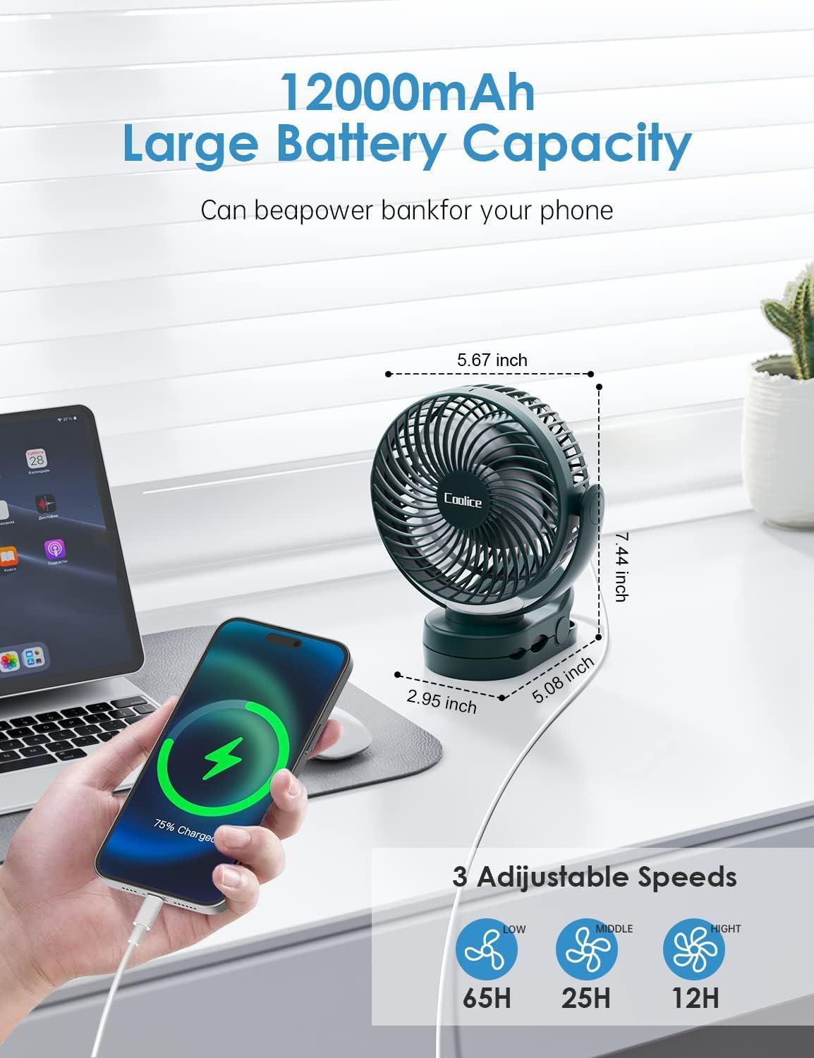 Camping Fan with Remote Control - 12000mAh Rechargeable Battery Powered Fan, Camping Fans for Tents with LED light & Hanging Hook, Rechargeable Battery Operated Ceiling Fans for Tent RV Bed, Green - Image 2