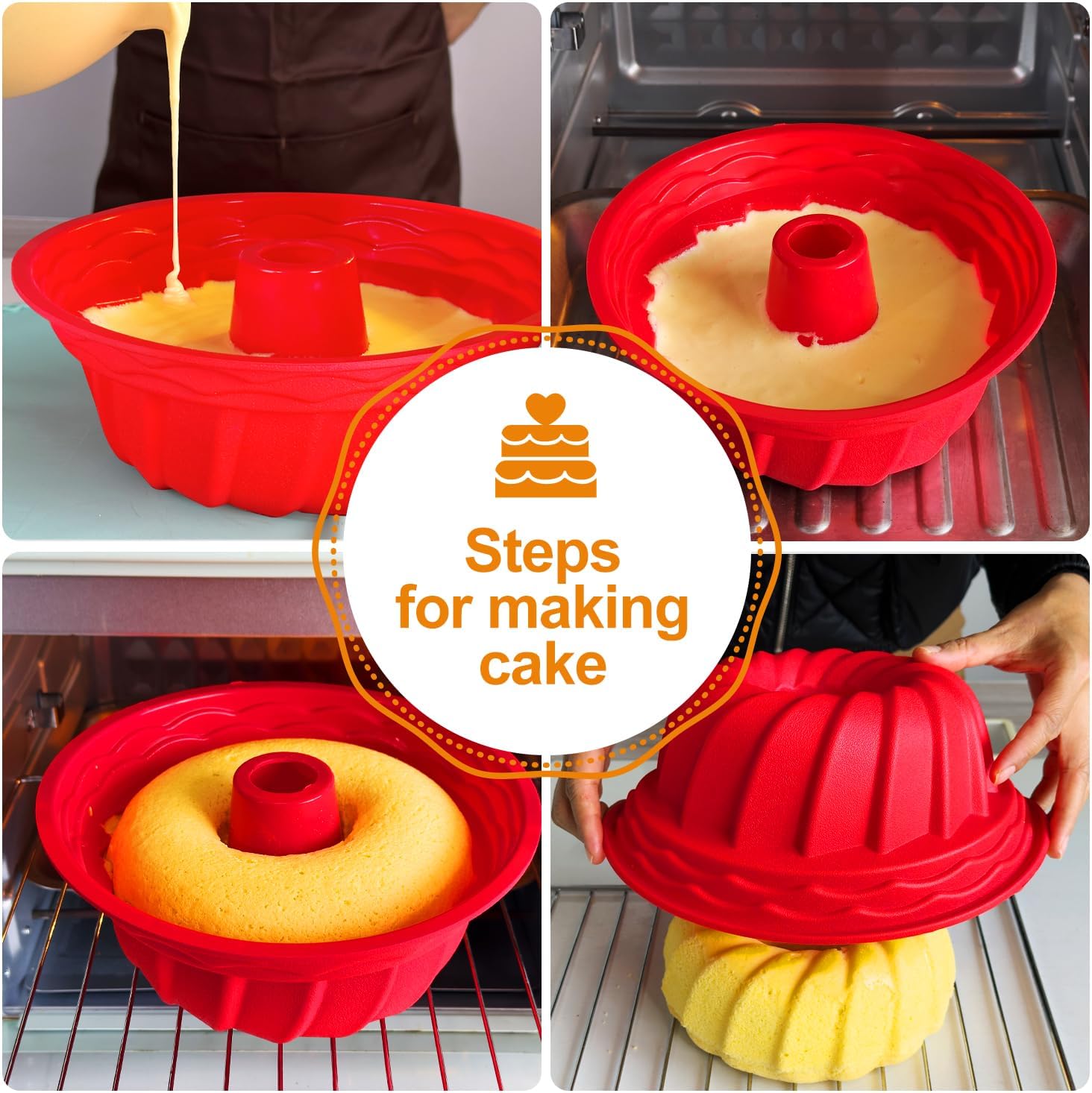 SOV Silicone cake Pans, Non-stick bundt cake molds, Silicone Bakeware Baking Molds, Perfect for making Cake, Bread, Jello, Gelatin (9.5 inch + 1 pack)