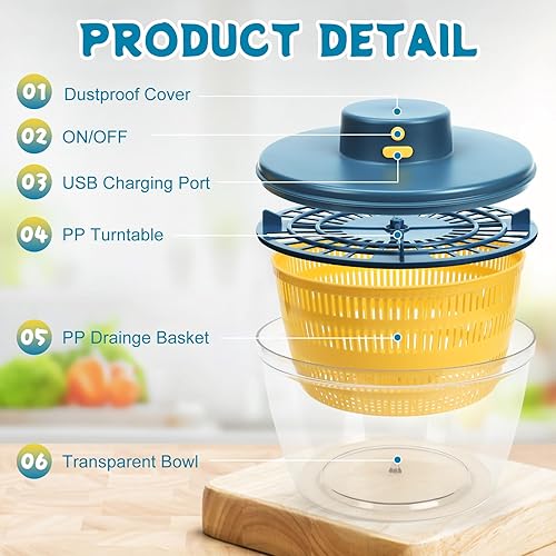 Miniatura 3 de Ensalada Spinner grande 4.2 cuartos de galón, lavadora secadora de verduras, lechuga eléctrica con cuenco para el hogar, cocina, lavado, secado de