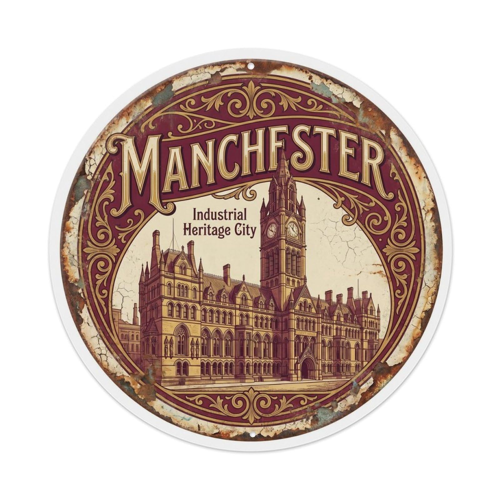 Vintage Travel Manchester Town Hall Metal Tin Sign Plaque Wall Decor for Cafe, Club Bar, Office, Home Garden Round Metal Poster 8x8Inch
