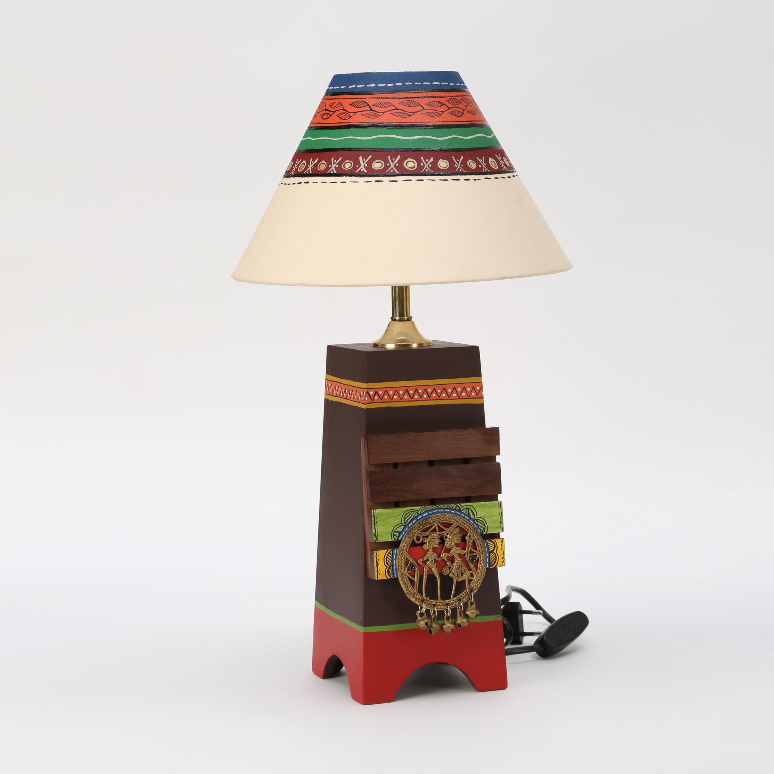 AAKRITI ART CREATIONS Pyramid Wooden Table Lamp in Brown with Brass Motifs & White Shade | Handcrafted Tribal Painting Lamp | Artistic Bedside, Study & Night Lamp-image-8