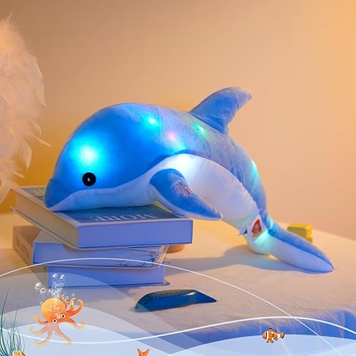 Miniatura 5 de Glow Guards Delfín musical iluminado de peluche con luces LED de noche, canciones de guardería, animales marinos que cantan, cumpleaños, para niños