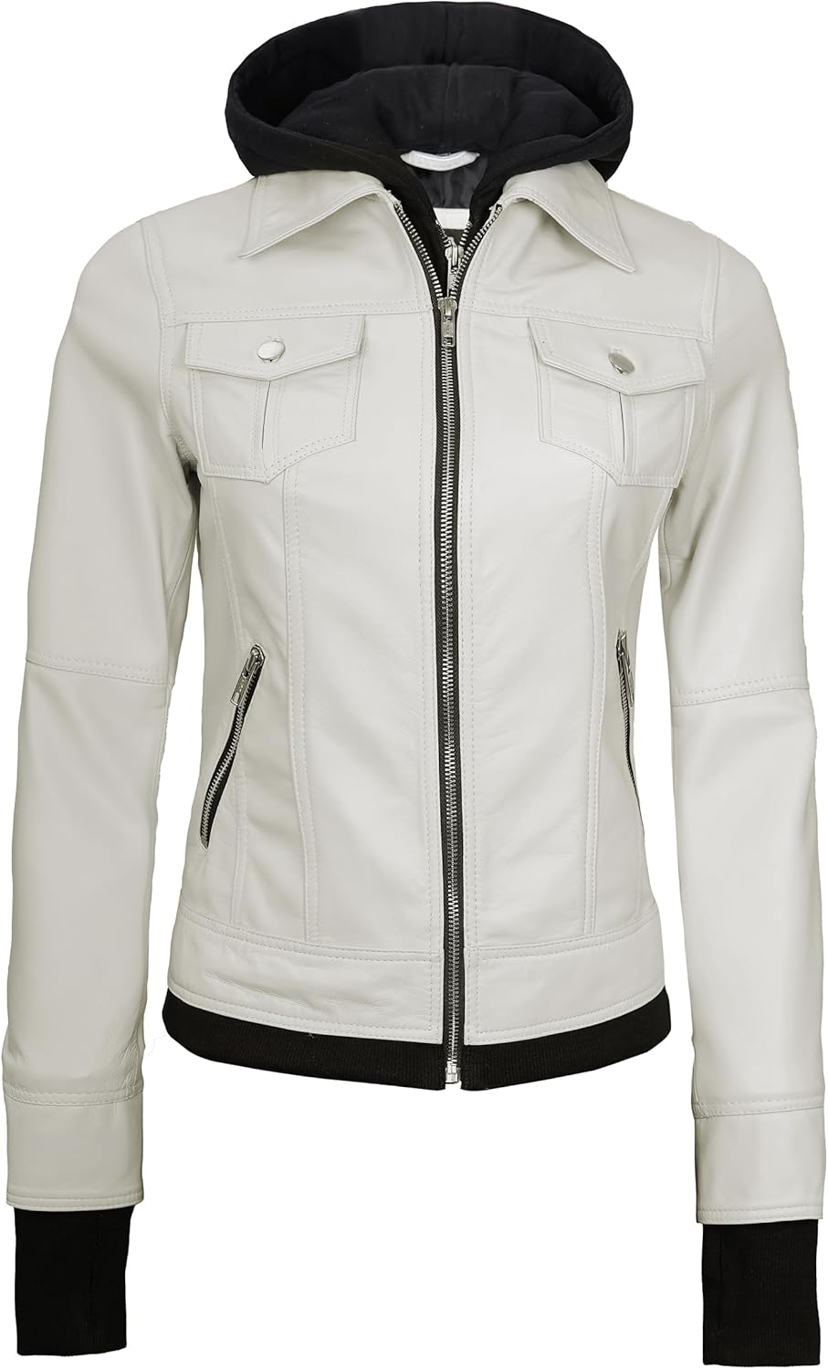 Decrum Hooded Leather Jacket Women - Real Lambskin Leather Bomber Jacket Women with Detachable Hood