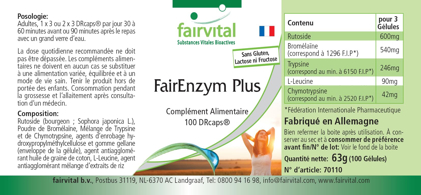 fairvital FairEnzym Plus, 100 DRCaps™, faciles à avaler, complexe multi-enzymatique, avec rutoside, bromélaïne, trypsine et chymotrypsine HAUTEMENT DOSÉ